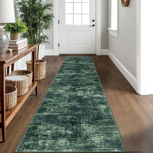 IOHOUZE Abstract Runner Rug 2x10 Ft Washable Runners for Hallways, Non Slip Kitchen Runner Printed Faux Wool Entryway Runner Indoor, Modern Abstract Floor Carpet for Hall Kitchen, Dark Green