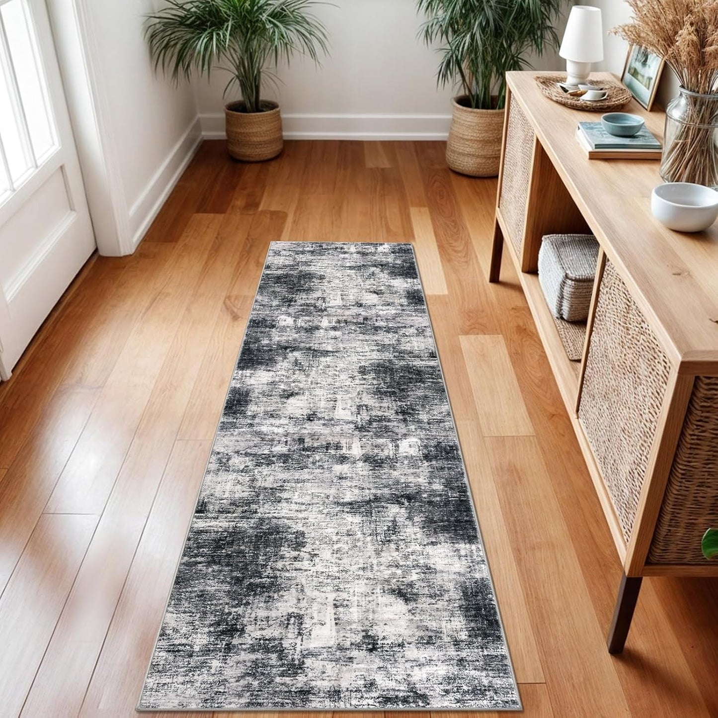 IOHOUZE Abstract Runner Rug 2x7 Ft Washable Runners for Hallways, Non Slip Kitchen Runner Printed Faux Wool Entryway Runners Indoor, Modern Abstract Floor Carpet for Hall Kitchen Bedroom, Black Gey