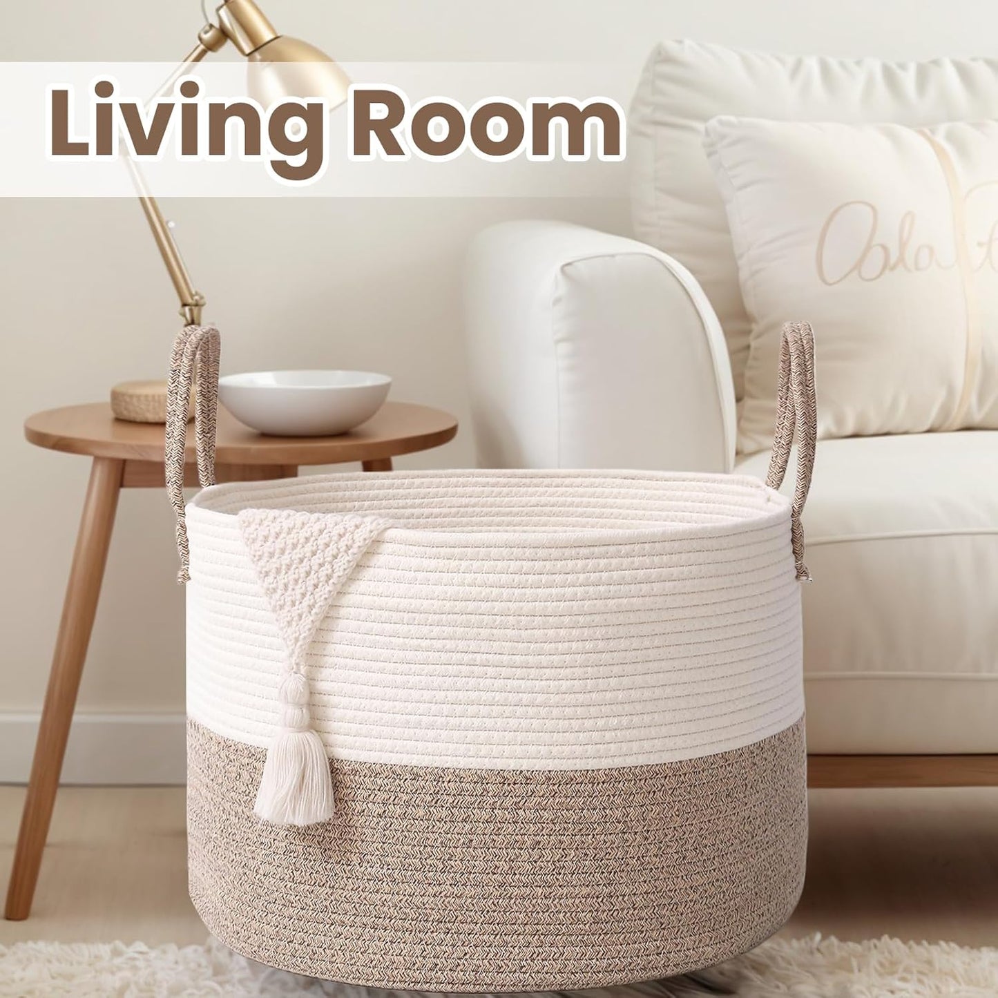 Woven Blanket Basket,115L Large Rope Storage Bin with Handles, Organizer for Blankets Toys Book and Clothes, Laundry Basket for Living Room Bedroom Nursery,White&Brown