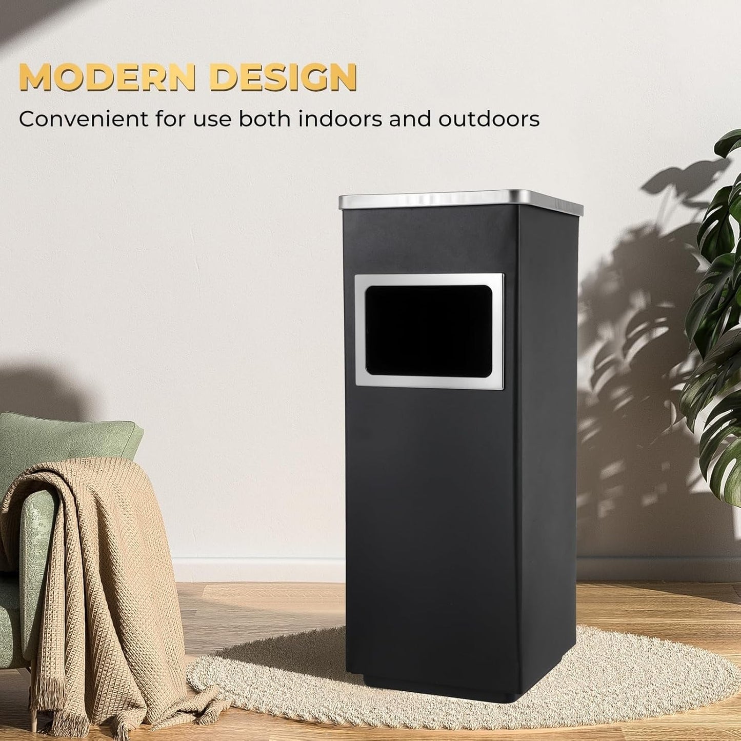 Trash Can Outdoor Waste Container Square Stainless Steel Trash Can with Removable Inner Bucket for Disposal Commercial Waste Container 9.45‘’ x 9.45‘’ x 24.02‘’-Black