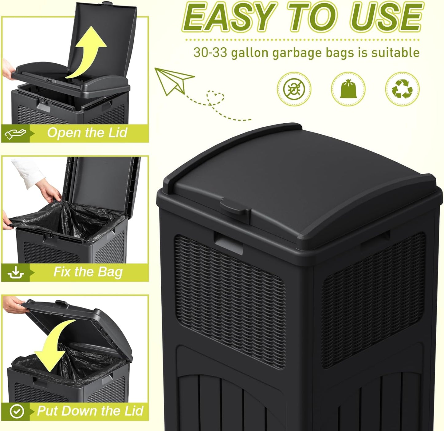 Greesum 33 Gallon Outdoor Trash Can with Lid, Waterproof Resin Garbage Bin for Hideaway, Deck, Patio, Black