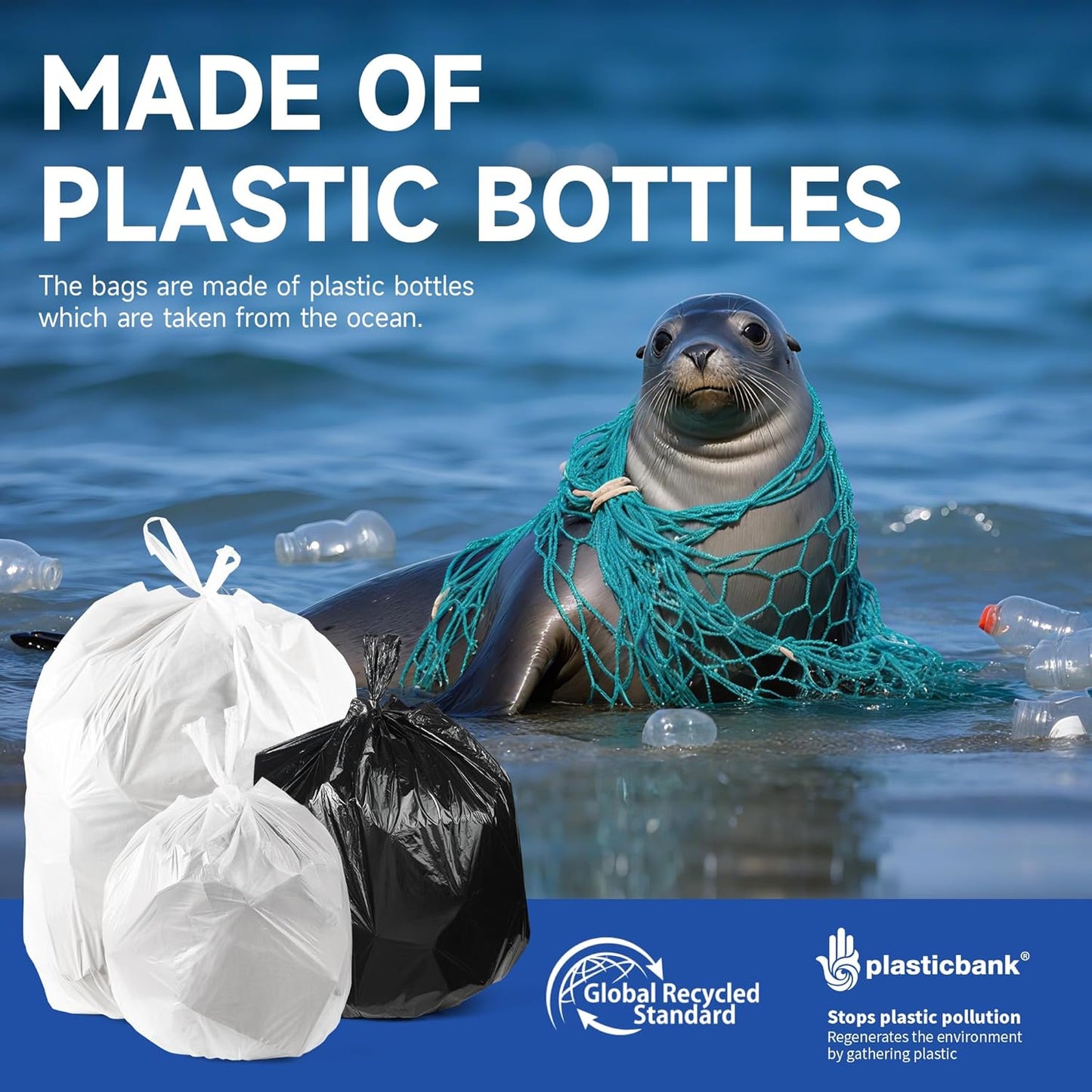 Small Trash Bags with Handles 2 Gallon 200 Count White - Ocean Plastic Upcycling - Plastic Garbage Bags, Can Bin & Waste Basket Liner for Kitchen, Bathroom, Office and Pets