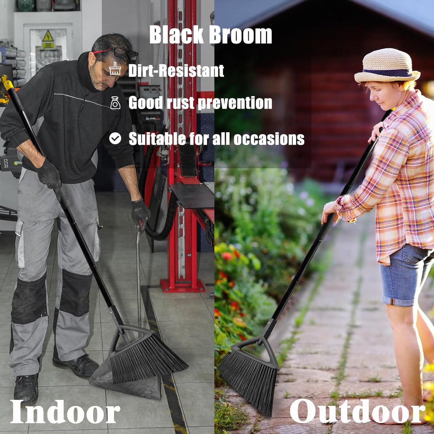 Heavy Duty Broom Outdoor and Indoor, 2 Pack Commercial Angle Brooms with Longer Handle, Perfect Black Broom for Garage, Kitchen, Courtyard, Restaurant