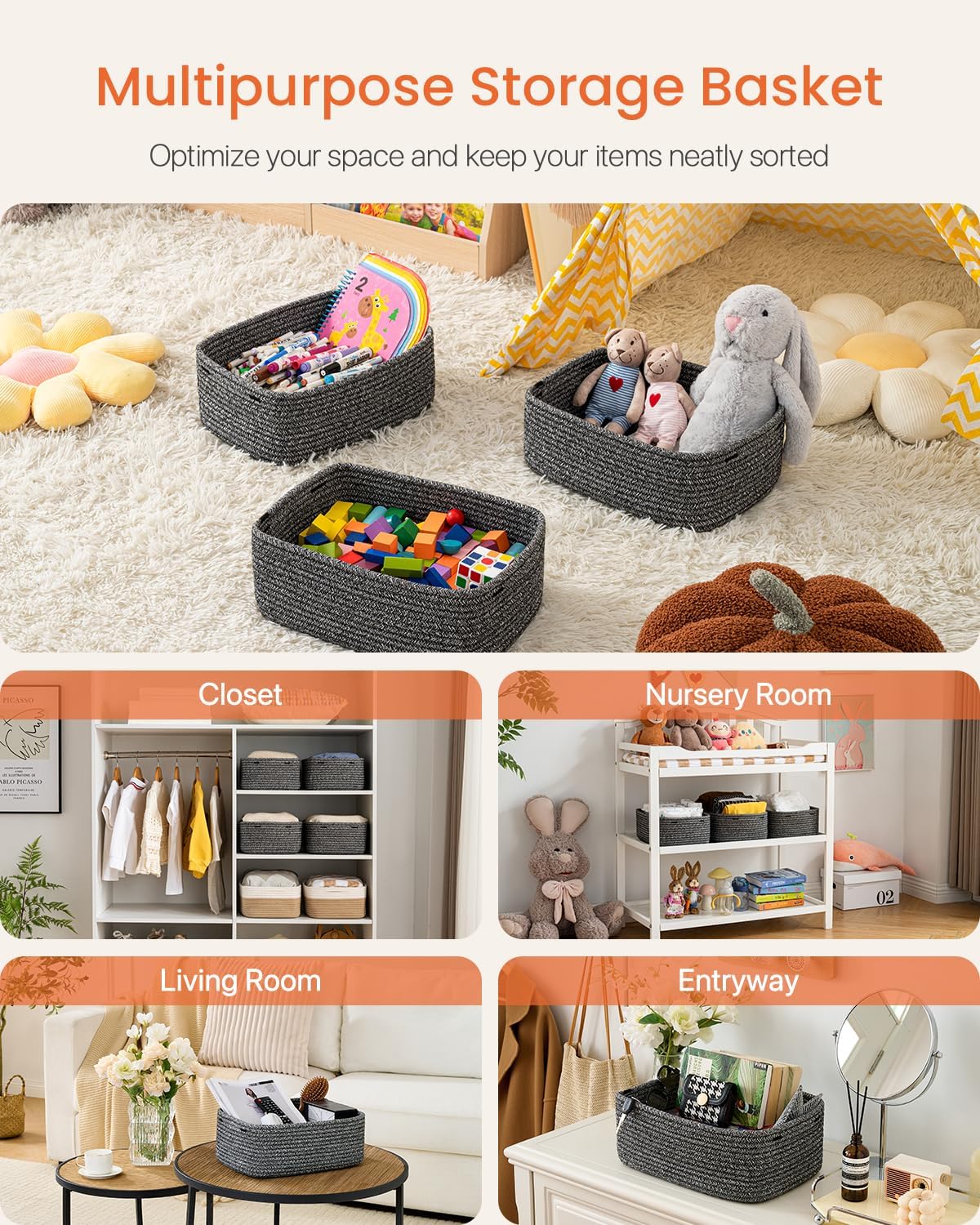 Small Woven Basket, 13.5 x 9.5 x 5 Inches, Storage Basket for Organizing, Cute Small Rope Shelf Closet Cube Storage Bins Baskets for Shelves, Dog Toy Gift Baskets Empty, 3 Pack Mixed Black