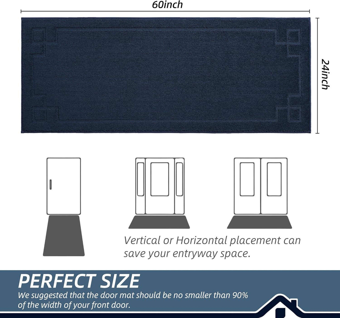 BEQHAUSE Door Mat 24" x 60", Non-Slip Door Mats Indoor Entryway Rugs Washable Low-Profile Absorbent and Stain Resist Floor Mats, Dog Door Mat for Front Back Door, Muddy Wet Shoes & Paws, Navy Blue