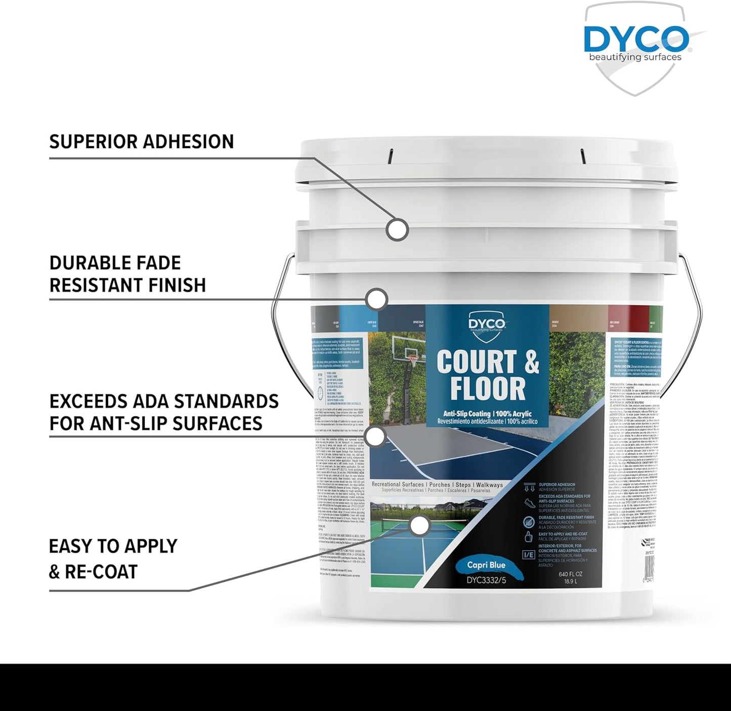DYCO Court & Floor Anti-Slip Coating - Slip-Resistant Pavement, Cement & Concrete Paint for Pickleball, Tennis & Basketball Courts, Exceeds ADA Standards for Safety Areas (Capri Blue, 5 Gallons)