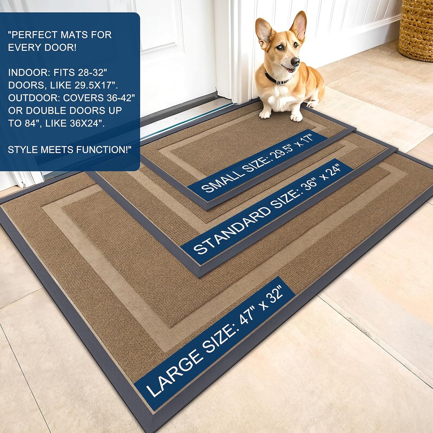 OLANLY Front Door Mat Indoor Outdoor Entrance, Waterproof All-Season, All-Weather Doormat, Sturdy Natural Rubber, Fade Resistant, Low Profile, Easy Clean Patio Porch Entryway Mat, 47x23, Light Borwn