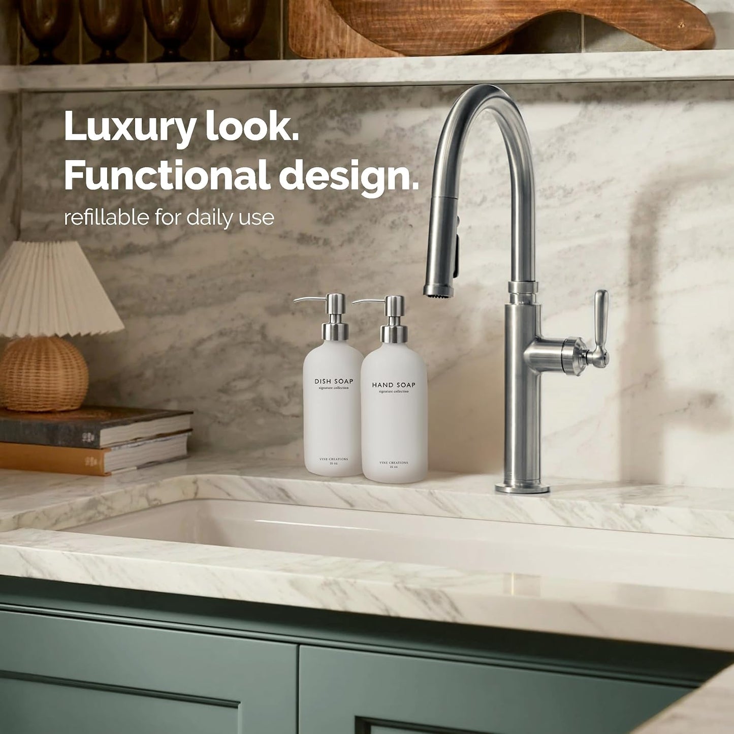 Vine Creations White Glass Soap Dispenser Set, Dish Soap and Hand Soap Dispenser Set with Stainless Steel Pump, 16 oz Glass Dispensers for Kitchen or Bathroom Decor (Matte White Bottle/Silver)