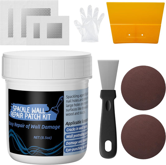 Oriflame Drywall Repair Kit: 8.5 Ounce Spackle Wall Repair with Patch/Scraper/Sandpaper/Gloves - White Wall Putty for Nail Holes/Cracks/Dents/Stains/Peeled Wall