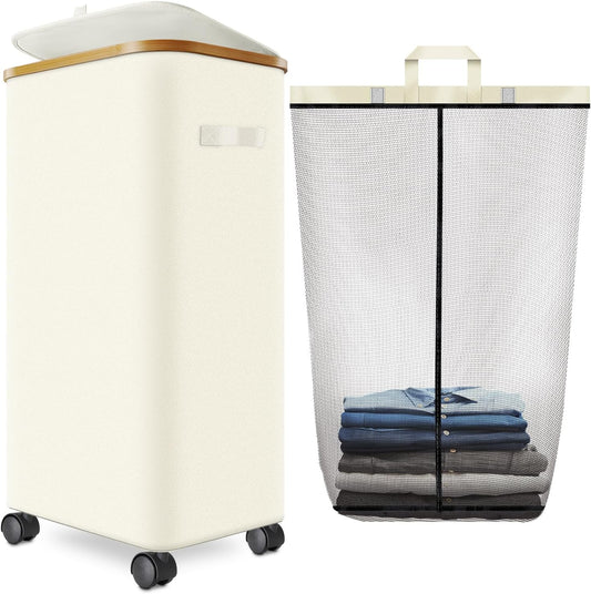 Laundry Hamper with Wheels,29 Gal (110L) Laundry Basket with lid Rolling Clothes Hamper Foldable Dirty Clothes Basket on wheels with Bamboo Frame and Bag for Bedroom, Dorm, Laundry Room-White