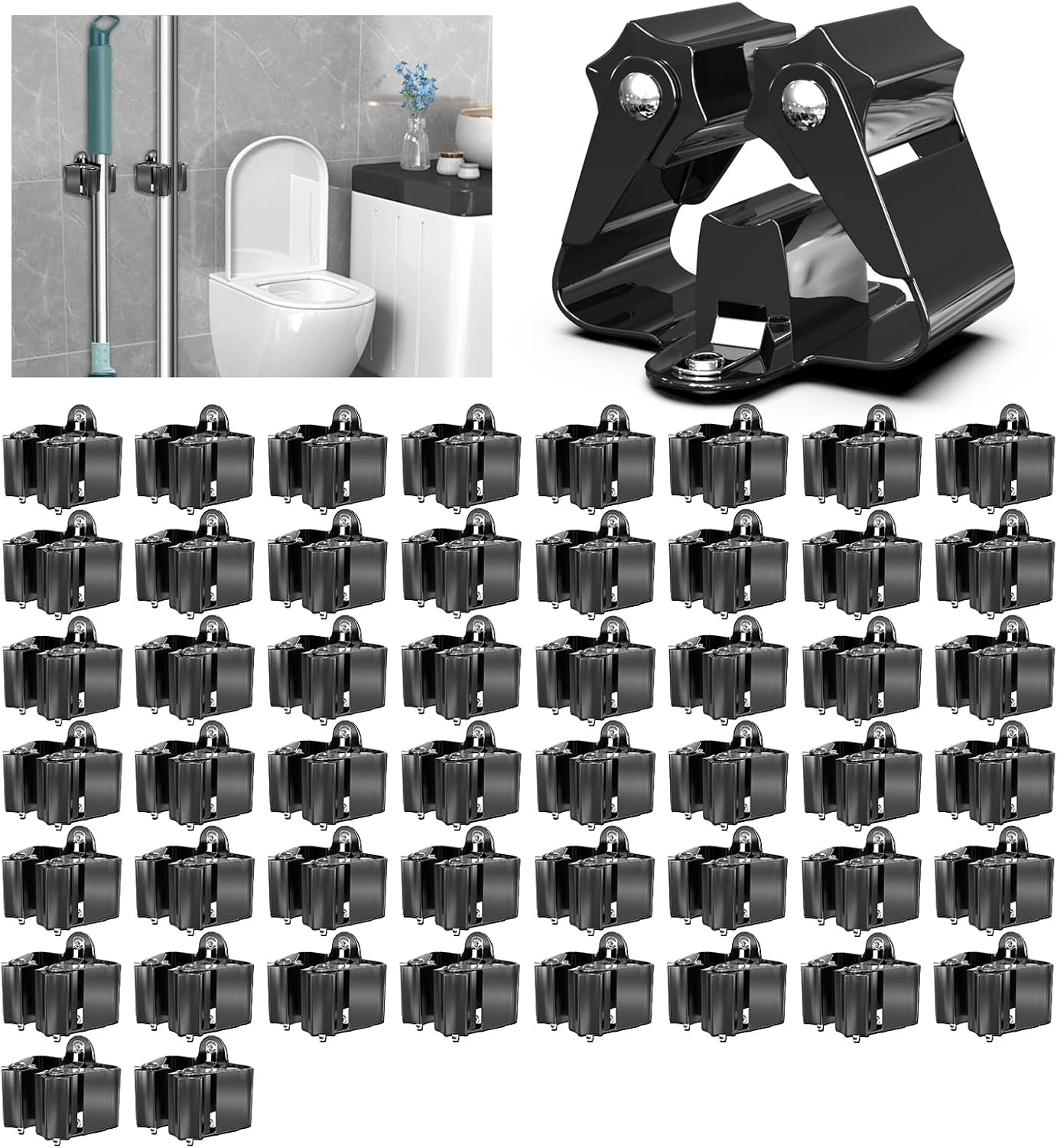 3-H Stainless Steel Broom Holder Wall Mount 50-Pack- Heavy Duty Mop Organizer, Wall Mounted Broom Storage with Secure Mounting for Kitchen Laundry Garage Bathroom (Space Saving)