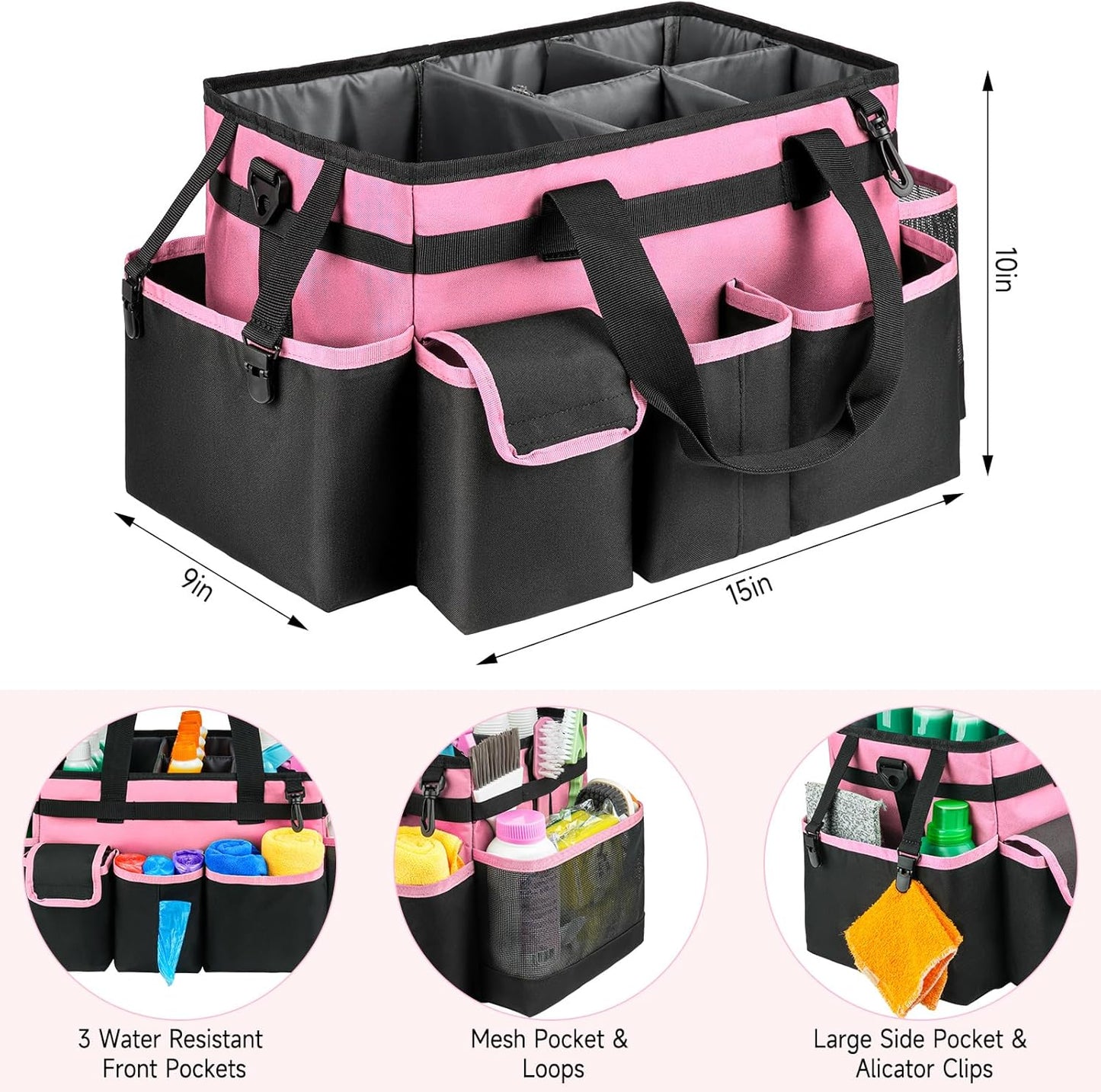 Cleaning Caddy,Large Cleaning Bags for Housekeepers,Cleaning Supplies Organizer with Handle,Pink