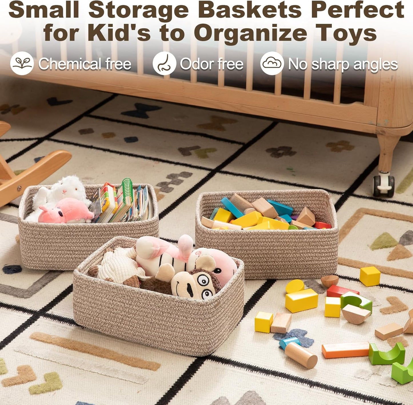 3 Pack Small Storage Baskets for Organizing, Cute Woven Decorative Gift Baskets for Shelves, Mini Closet Organizer Bins with Handles, 11.81''Lx7.87''Wx4.72''H-Brown