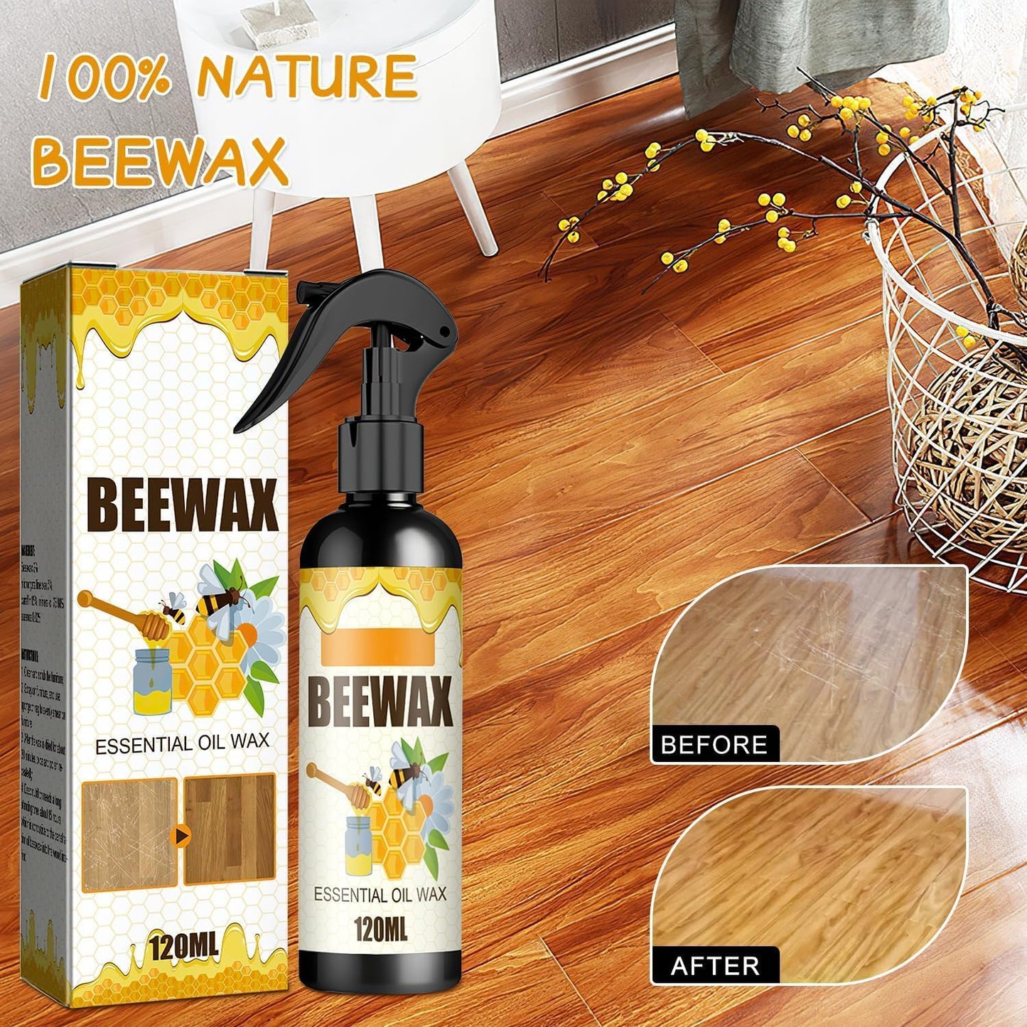 Natural Beeswax Spray Furniture Polish, Wood Cleaner, Wood Floor Polish - Beeswax Polish Spray Used to care for living rooms,kitchens,wood furniture floors (2PCS)