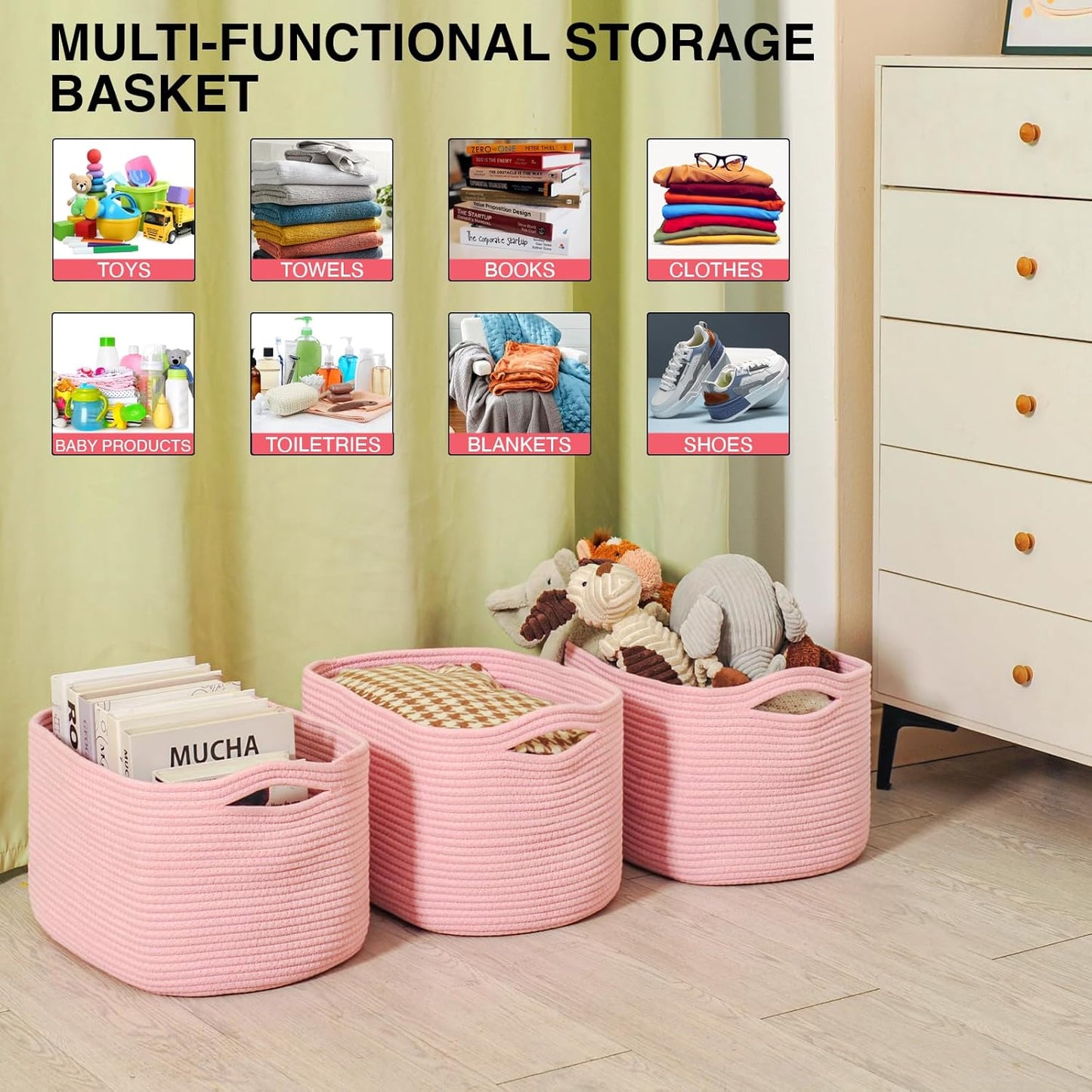 Storage Baskets for Organizing Shelves, Pink Basket for Nursery, Woven Cotton Rope Baskets for Storage, Towel Basket for Bathroom, 15"x11"x9.5", 3 Packs, Light Pink