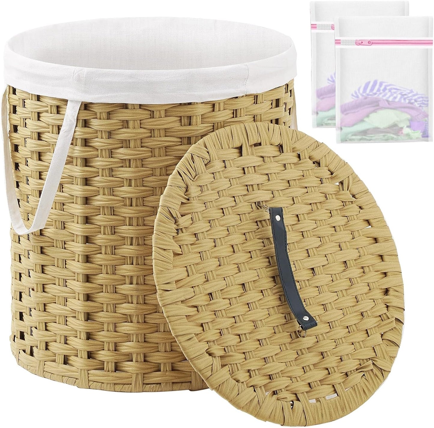 Laundry Hamper with Lid Wicker Laundry Hamper Round 26.5 Gal (100 L) Laundry Basket Handwoven Rattan Laundry Basket with Removable Bag Handles 2 Mesh Bags for Living Room Bedroom Natural
