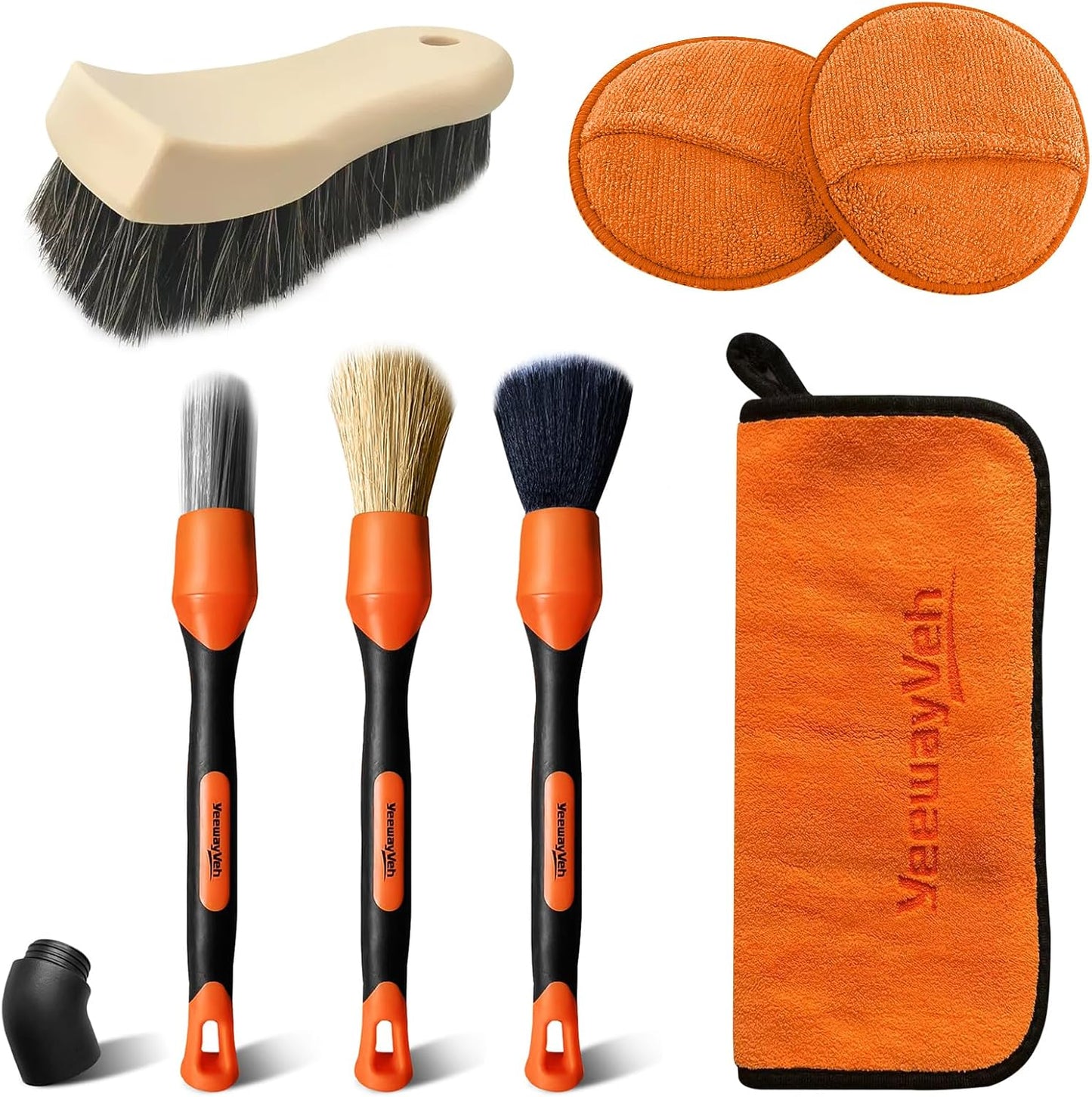 YeewayVeh 7PCS Car Interior Detailing Kit, Horse Hair Car Leather Brush, Applicator Pads and Microfiber Cloth for Car Interior & Seats Leather, Interior Car Cleaning Kit, Orange