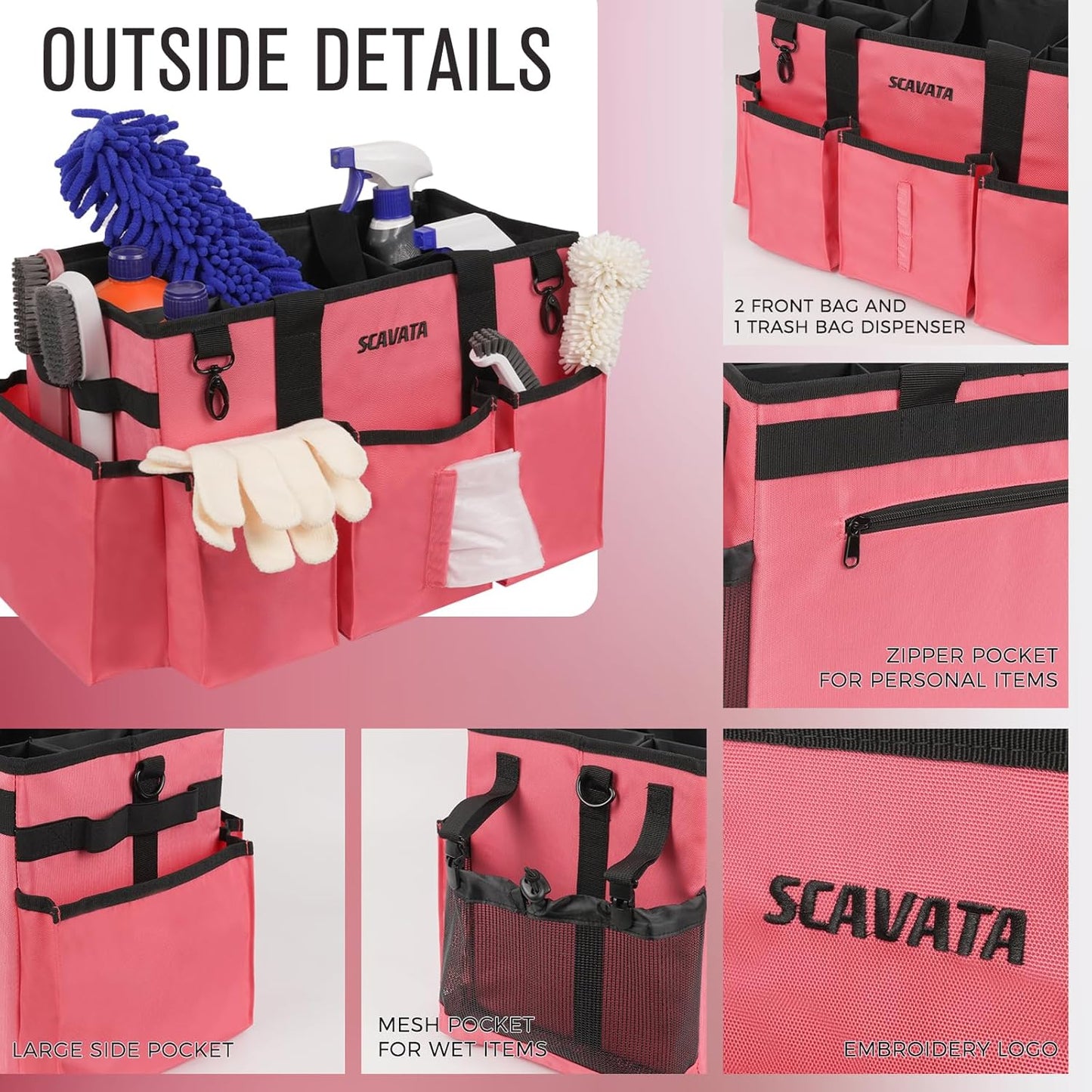 Wearable Cleaning Caddy Bag, Cleaning Caddy Supplies Organizer with Handle & Shoulder Straps for Housekeepers, Under Sink & Car Cleaning Tool Organizers with 4 Foldable Divider (RoseRed)