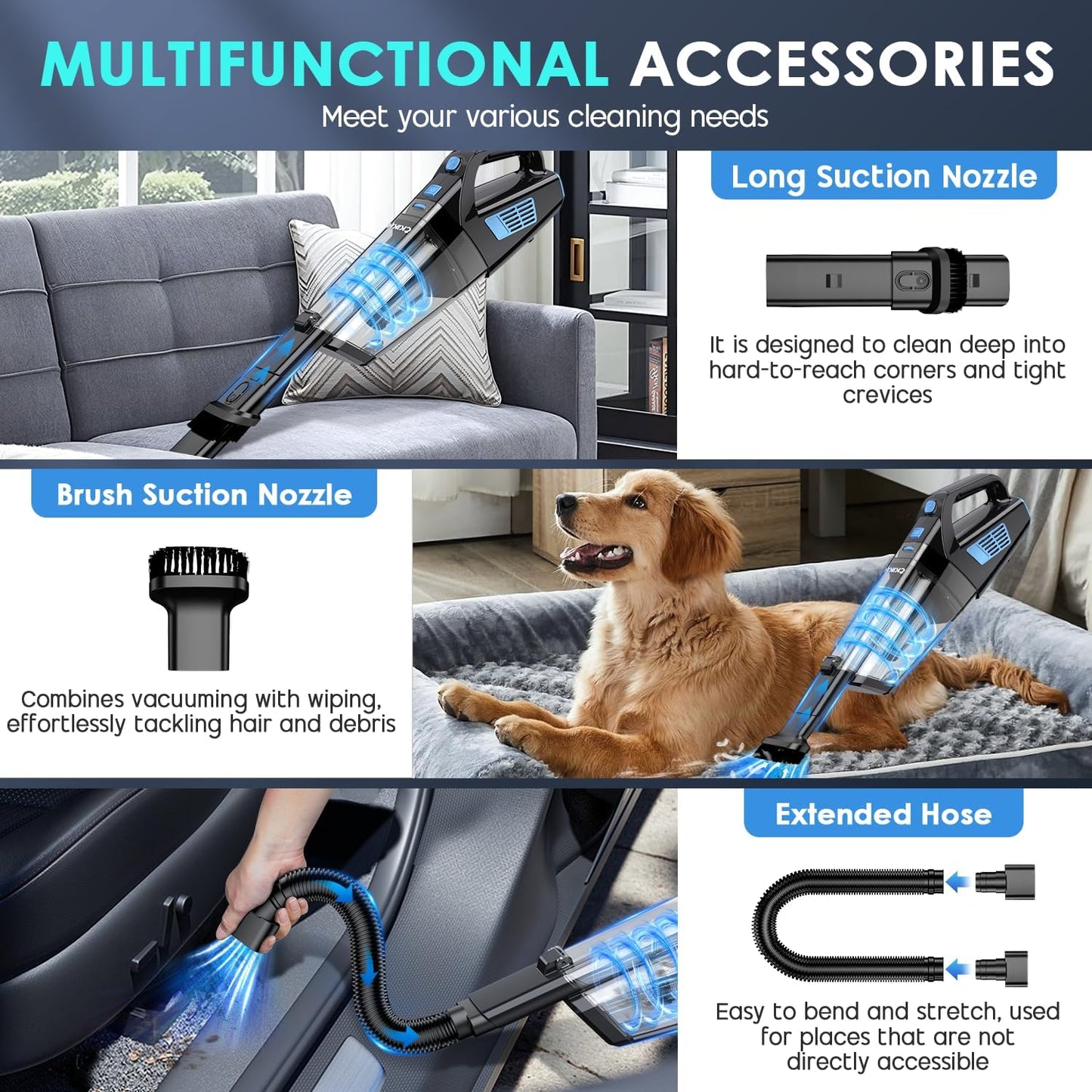 Handheld Vacuum Cordless, 15000PA Strong Suction Hand Held Car Vacuum Cleaner Portable with Multi-Nozzles & Washable Filter, Lightweight Dust Busters Rechargeable for Home, Car, Office, Pets