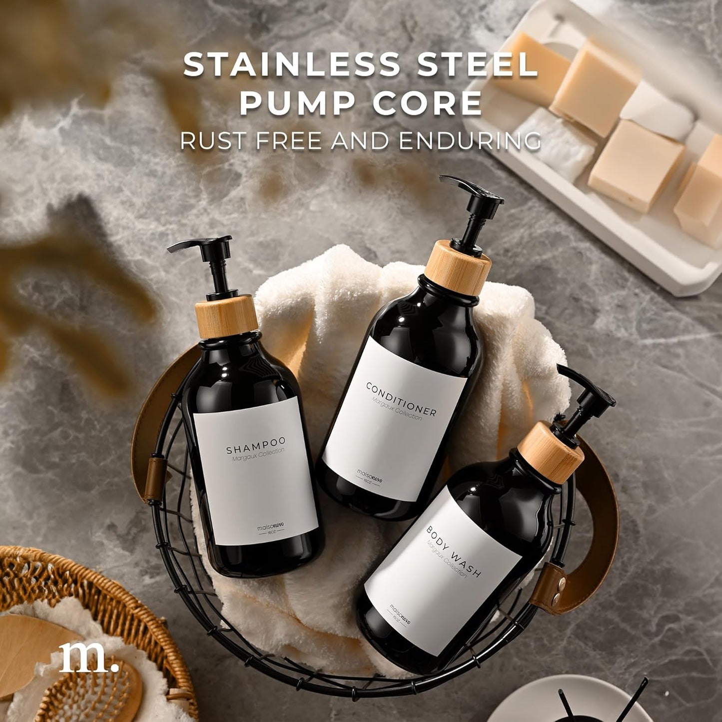 MaisoNovo Refillable Shampoo and Conditioner Bottles | 16.9 fl oz Set of 3 Black Plastic Bottles Black Bamboo Pumps