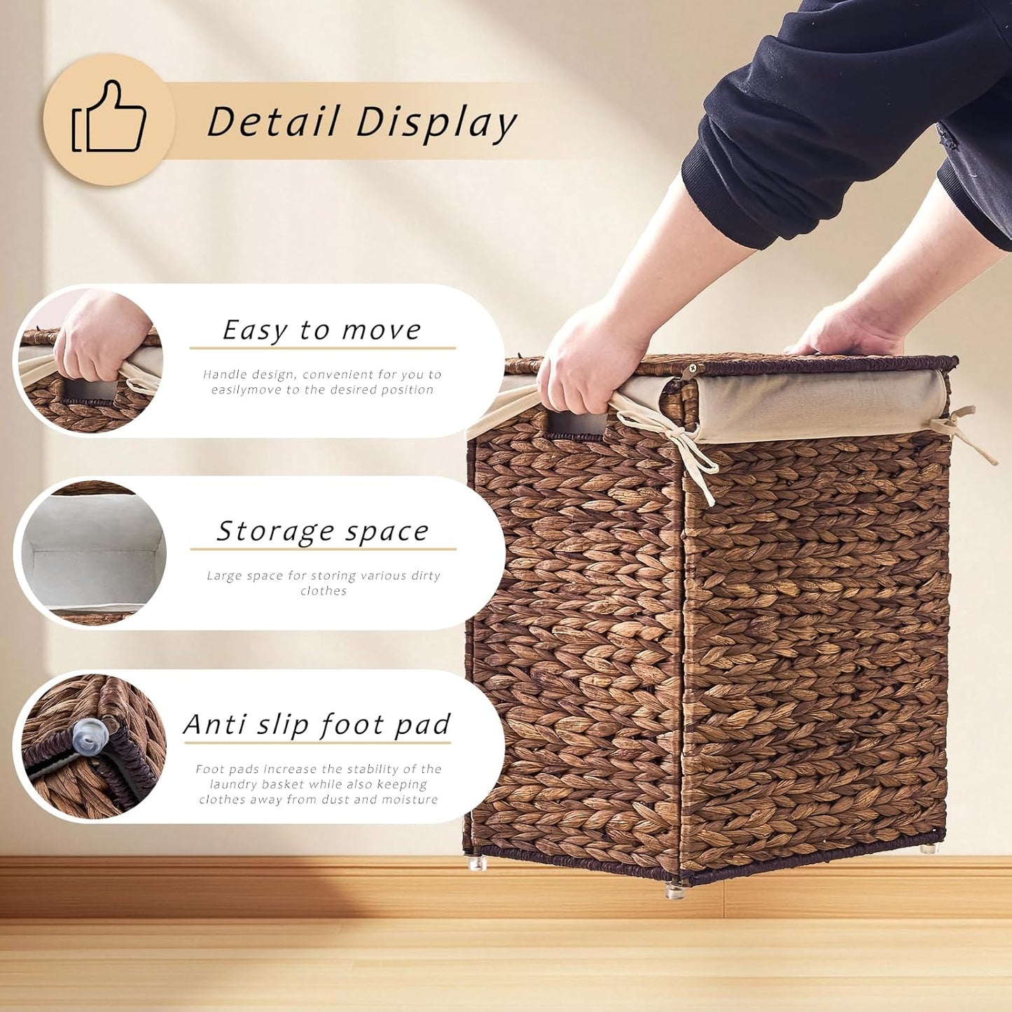 Handwoven Laundry Basket with Lid, Natural Water Hyacinth Storage Basket with Handle, Removable Cotton Liner, Durable and Stylish for Bedroom, Bathroom, Laundry Room