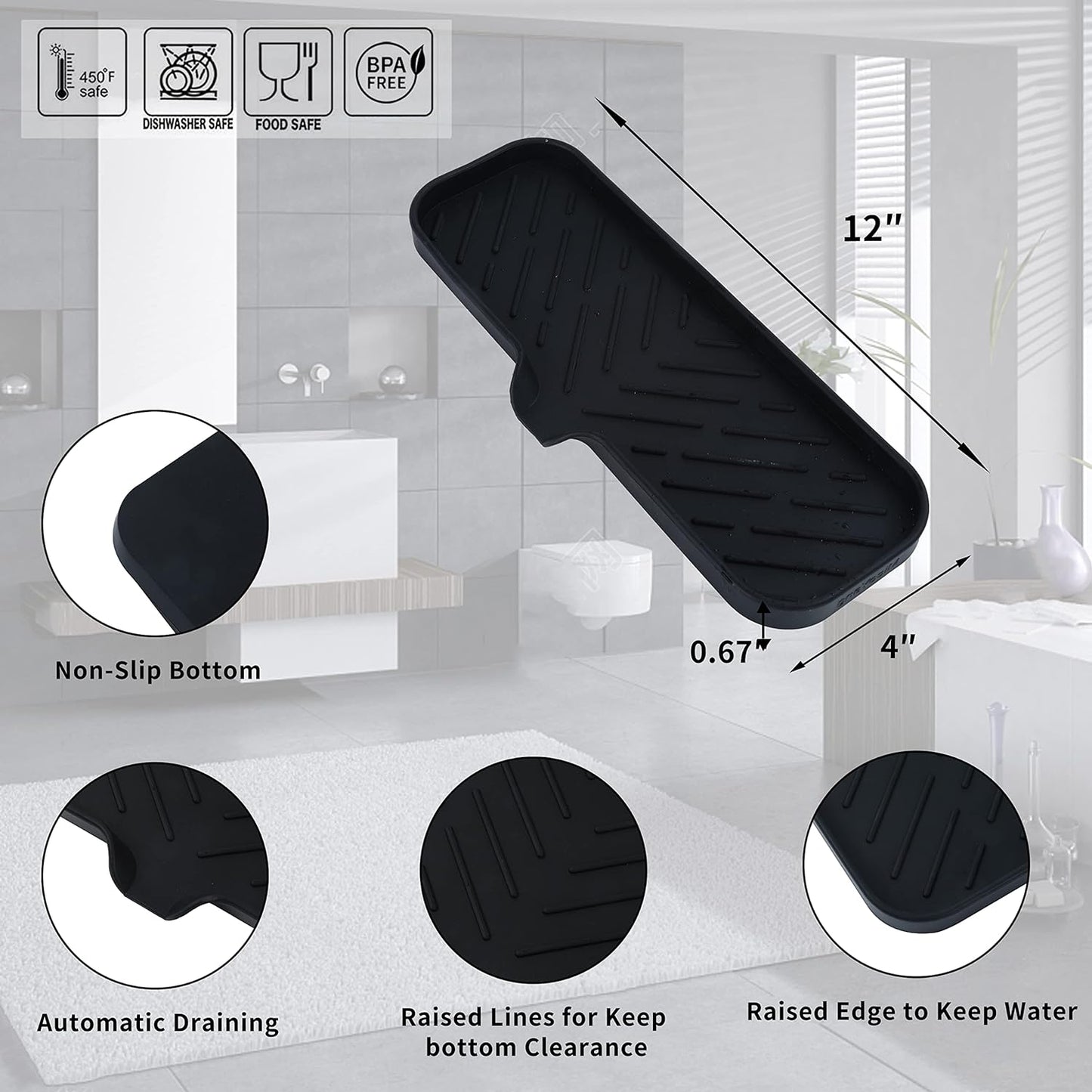 Silicone Bathroom Soap Dishes with Drain Spout-Bathroom and Kitchen Sink Organizer,Sponge Holder,Dish Soap Tray,Perfect for Dispenser,Scrubber,Bottle,Cup on Sink or Counter-Black 12"×4"