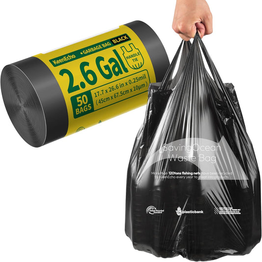 Small Trash Bags with Handles 2.6 Gallon 50 Count Black - Ocean Plastic Upcycling - Plastic Garbage Bags, Can Bin & Waste Basket Liner for Kitchen, Bathroom, Office and Pets