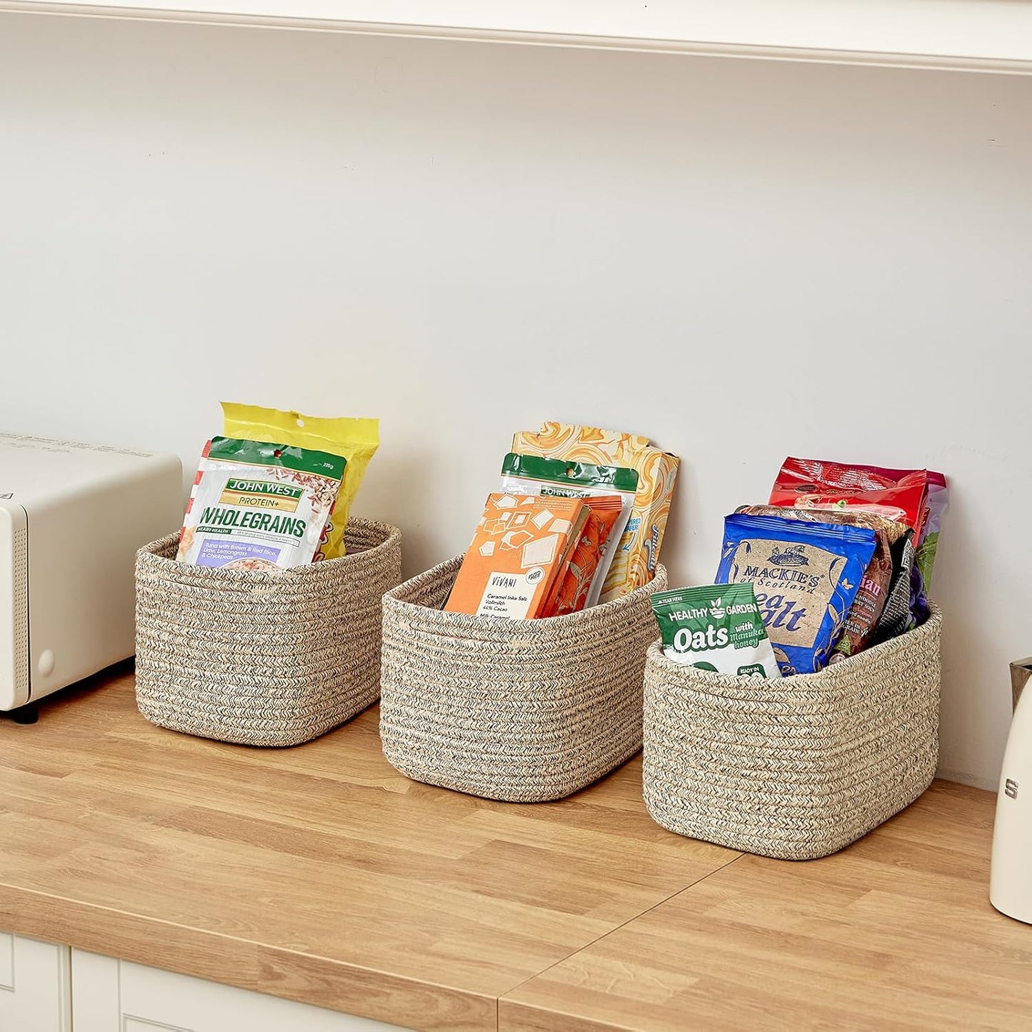 Small Cotton Rope Basket – Storage Bin for Organizing (10.6" x 6.7" x 6.7"), Bathroom Storage Basket for Shelf, Counter & Closet（Beige）