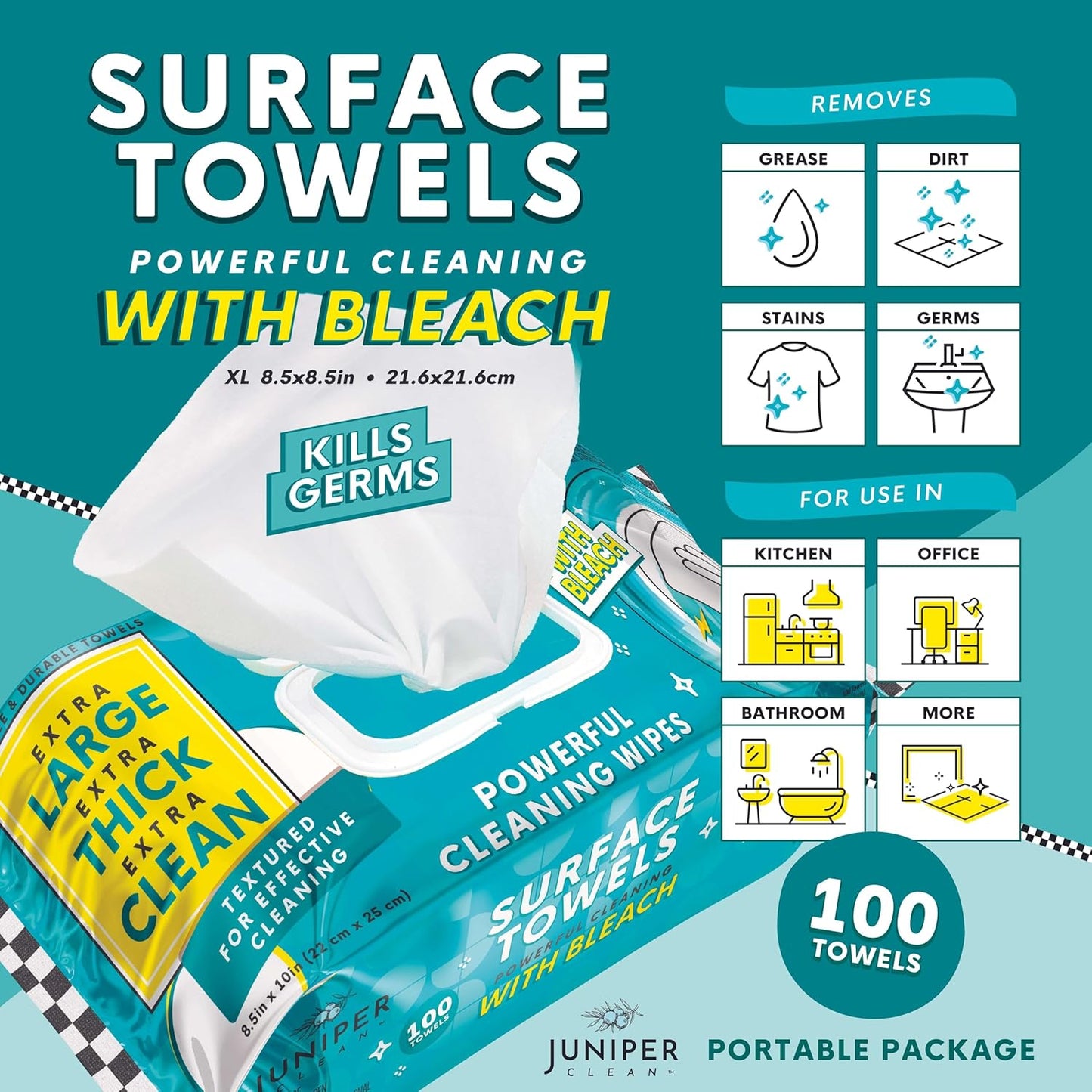 Single Surface Wipes with Bleach, Thick & Large Dispose, All-Purpose Cleaner for Bathroom, Kitchen, Office, 100 Count Soft Flow, Biodegradable, Fresh Scent