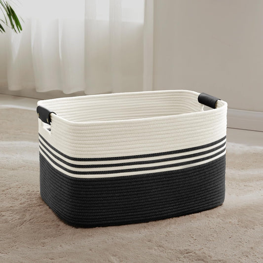 60L Large Laundry Basket with Leather Handles for Living Room Storage, Woven Rope Baskets Bin for Blanket, Kids Toy, Gifts, Wicker Hamper for Bedroom Dirty Clothes, 21"x15"x11" White Black