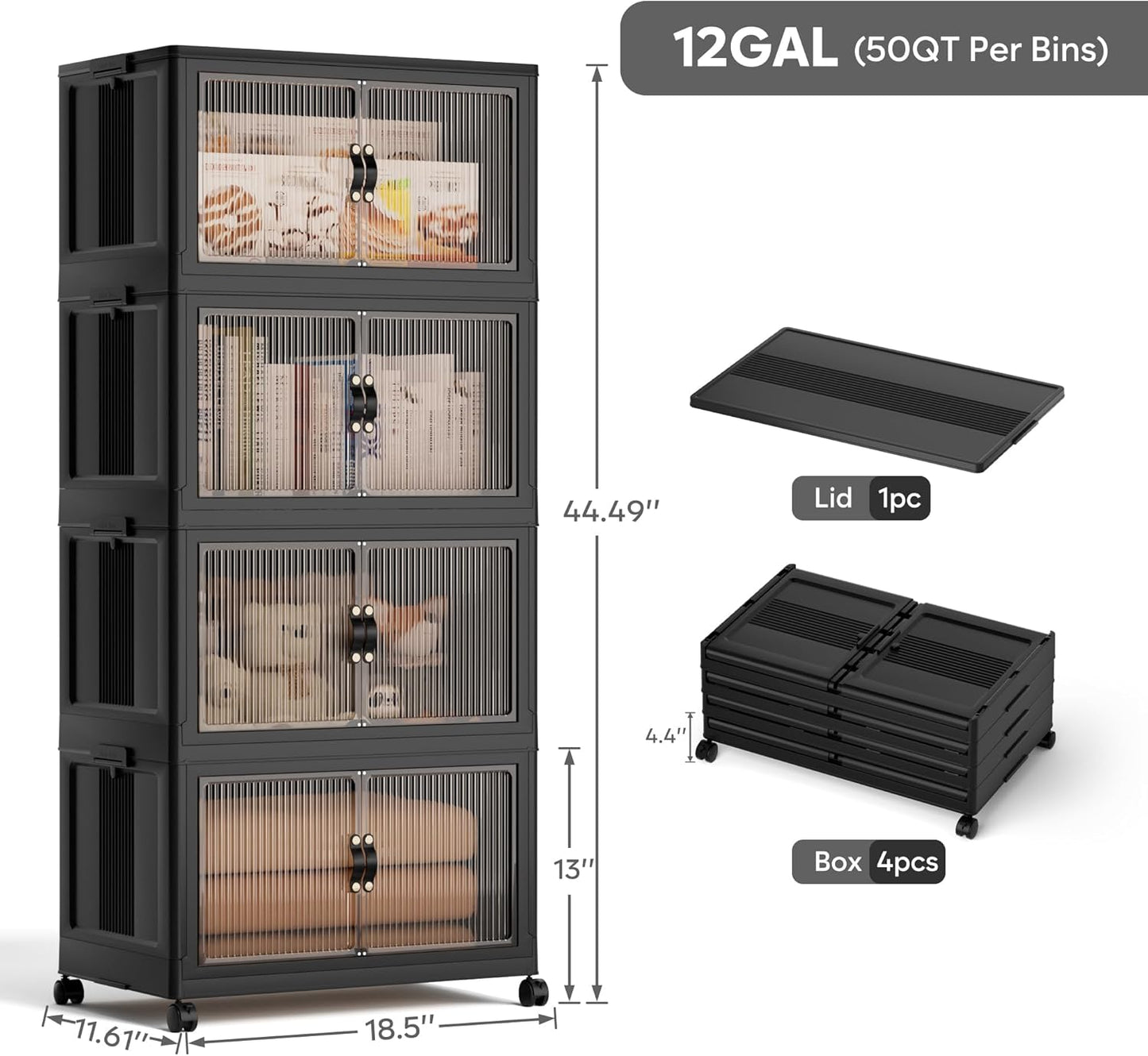 Jalove 50QT Plastic Storage Bins with lids, Stackable Collapsible Storage Containers with Wheels, Closet Organizer and Drawers, Clothes Storage Cabinet for Home Office Garage, 4 Pack Black