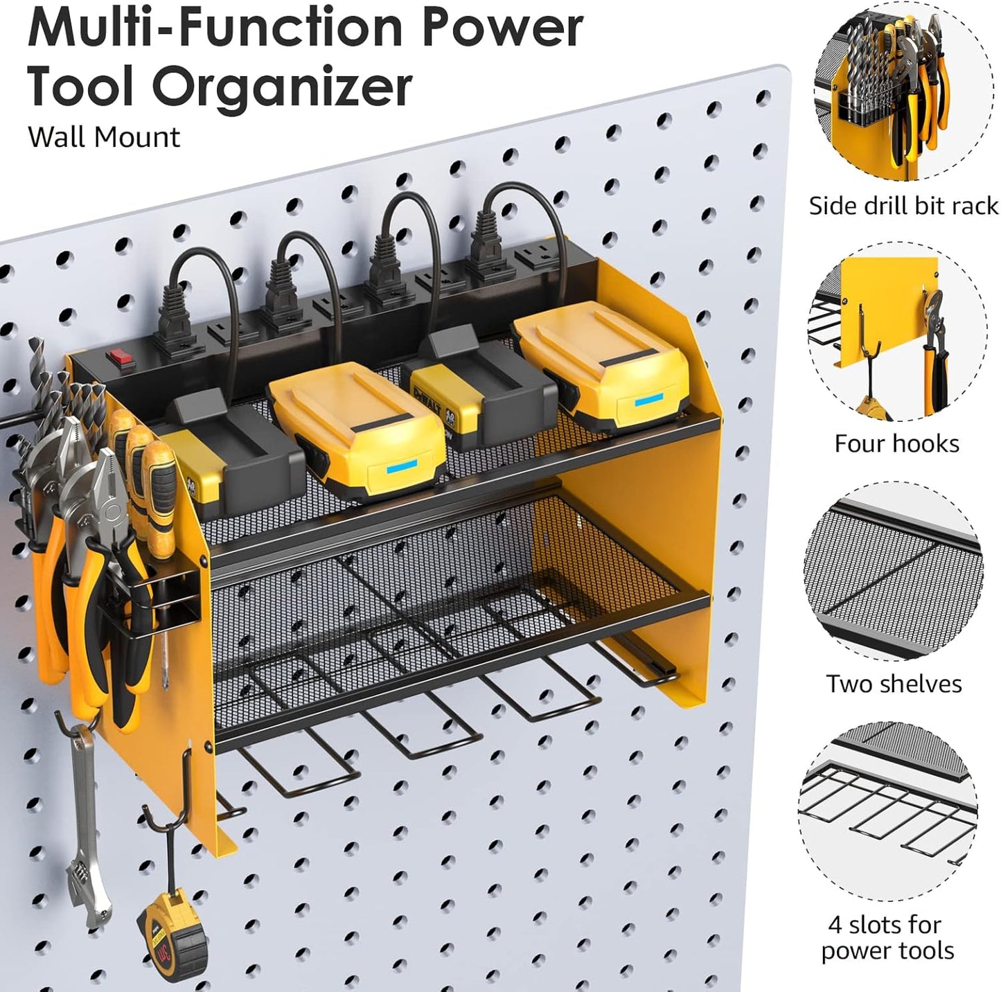 CCCEI Set Power Tool Organizer Wall Mount with Charging Station. Garage 4 Drill Storage Shelf with Hooks, Heavy Duty Metal Tool Battery Charger Organizer. Shop Utility Rack with Power Strip Yellow.