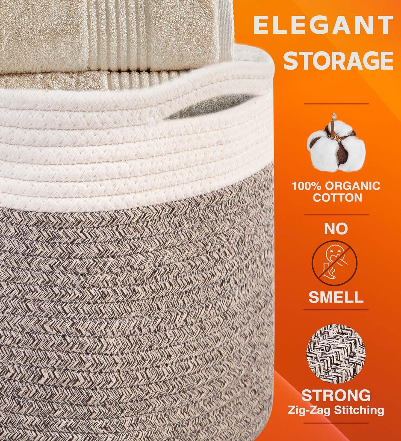 CHAT BLANC Cotton Rope Baskets for Organizing | 15”x10”x9” Storage Baskets for Shelves | Small Laundry Woven Baskets for Storage, Dog Toy Bin, Baby Basket,Off White&Brown 3 Pack
