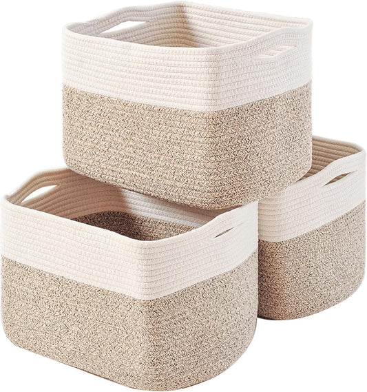 Storage Baskets for Organizing, Woven Cotton Rope Basket for Storage Books, Baby Organizing Baskets, Toy Storage Basket, 15"x11"x9.5", 3 Packs, Off White & Brown