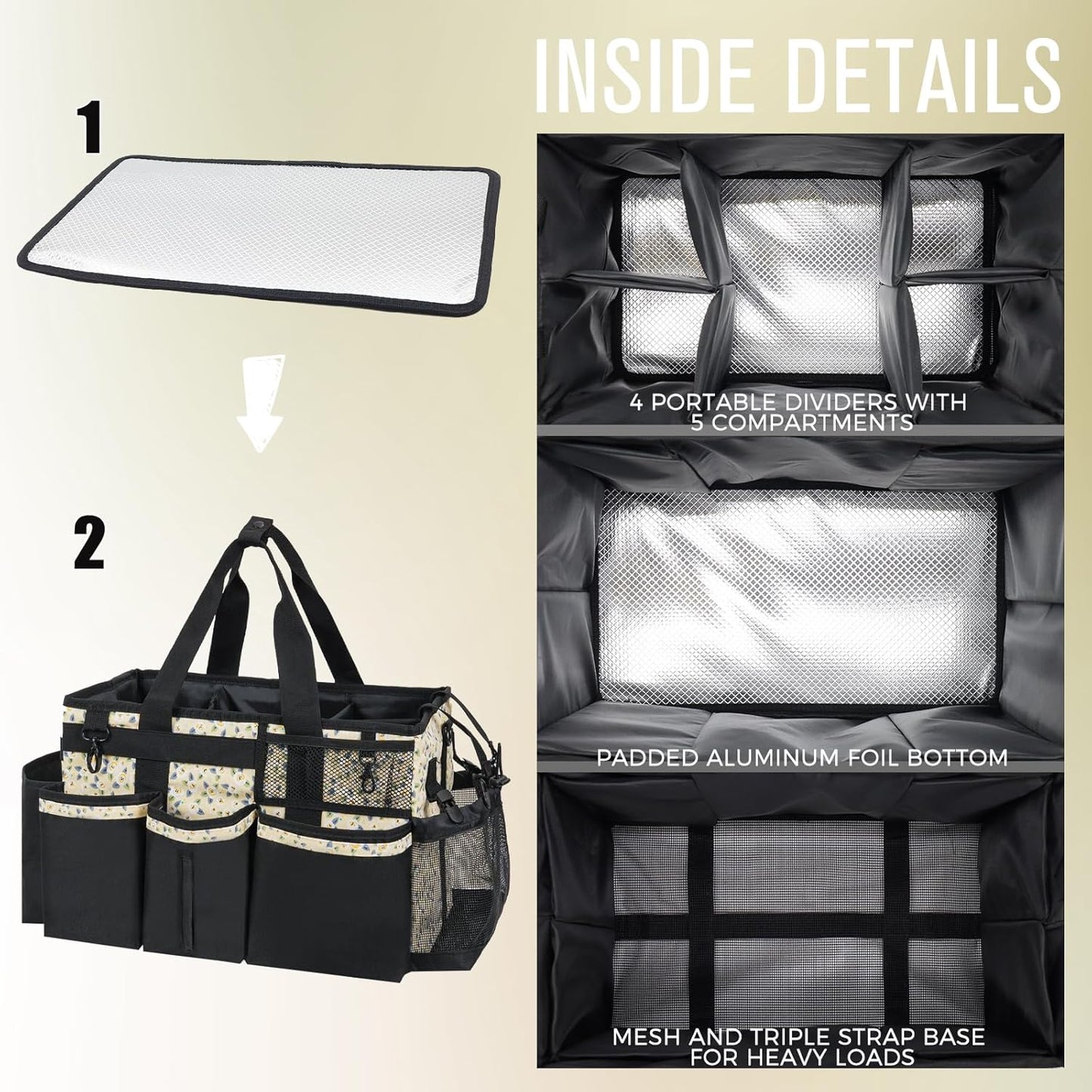 Wearable Cleaning Caddy, Cleaning Caddy Supplies Organizer with Handle & Shoulder Straps for Housekeepers, Under Sink & Car Cleaning Tool Organizers Bag with 4 Foldable Divider (YellowFlower)