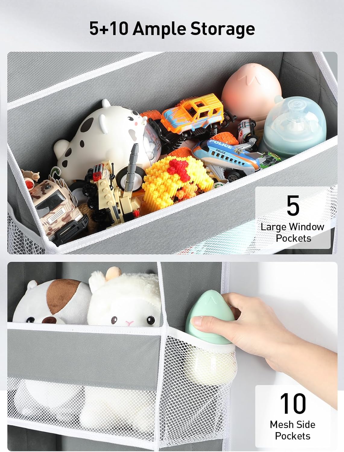 Yecaye 1 Pc Over the Door Organizer with 5 Bins 10 Side Pockets, 44lbs Load Hanging Bathroom and Bedroom Organizer, behind the Door Hanging Organizers for Nursery Newborn Baby Essential Stuff Grey