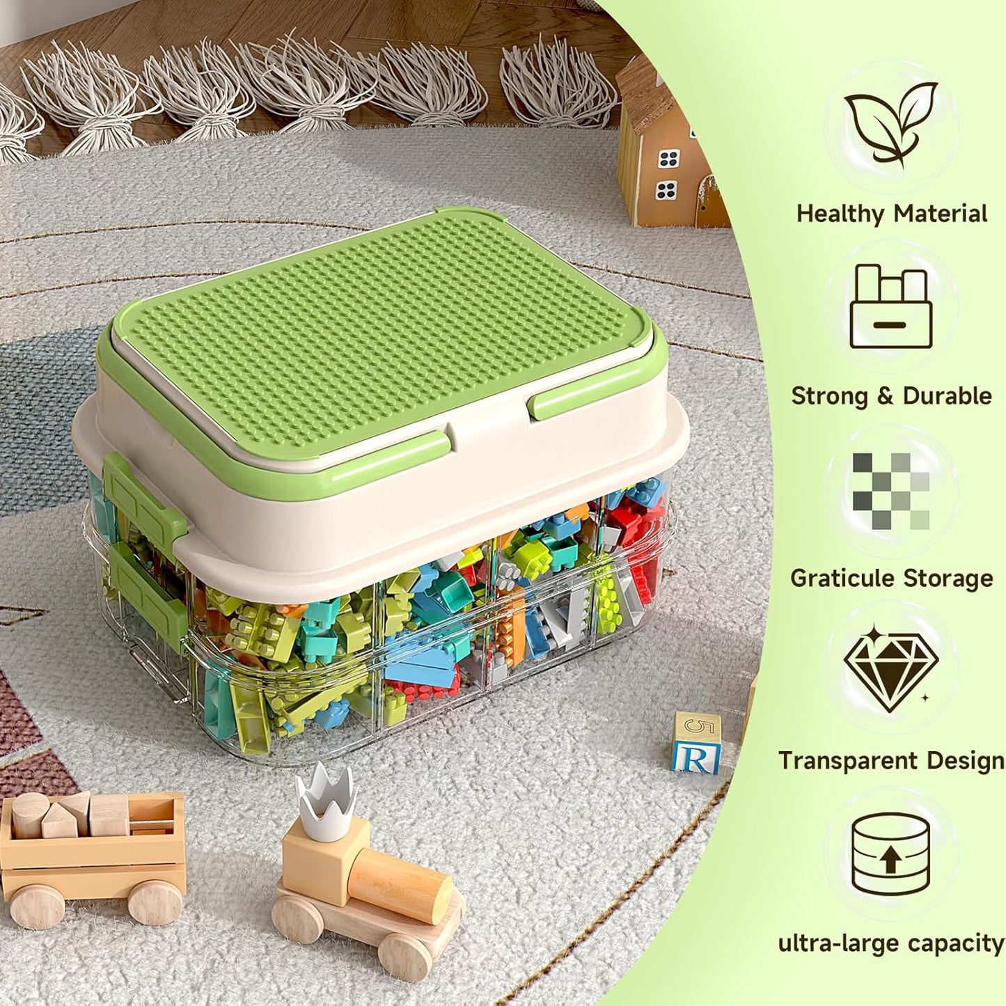 Toy Storage Organizer Box with Handle, Stackable Building Block Toy Box with Building Plate Lid & Removable Sorting Trays, Cubby Bins and Containers 1 Layer (Green)