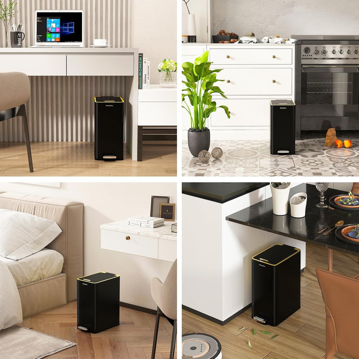 Stainless Steel Trash Can with Soft Close Lid,15 Liter/4 Gallon Garbage Can Kitchen Removable Wastebasket, Rectangular for Bathroom, Office (Black)