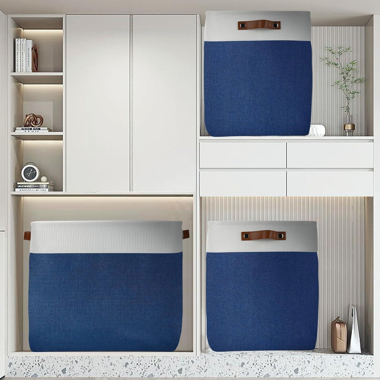 DULLEMELO Large Storage Basket 17"x12"x15",Fabric Organizer Bin for Storage Clothes, Toys, Books,Storage Bin with Handles for Bedroom, Closet, Nursery (White&Blue,1 Pack)