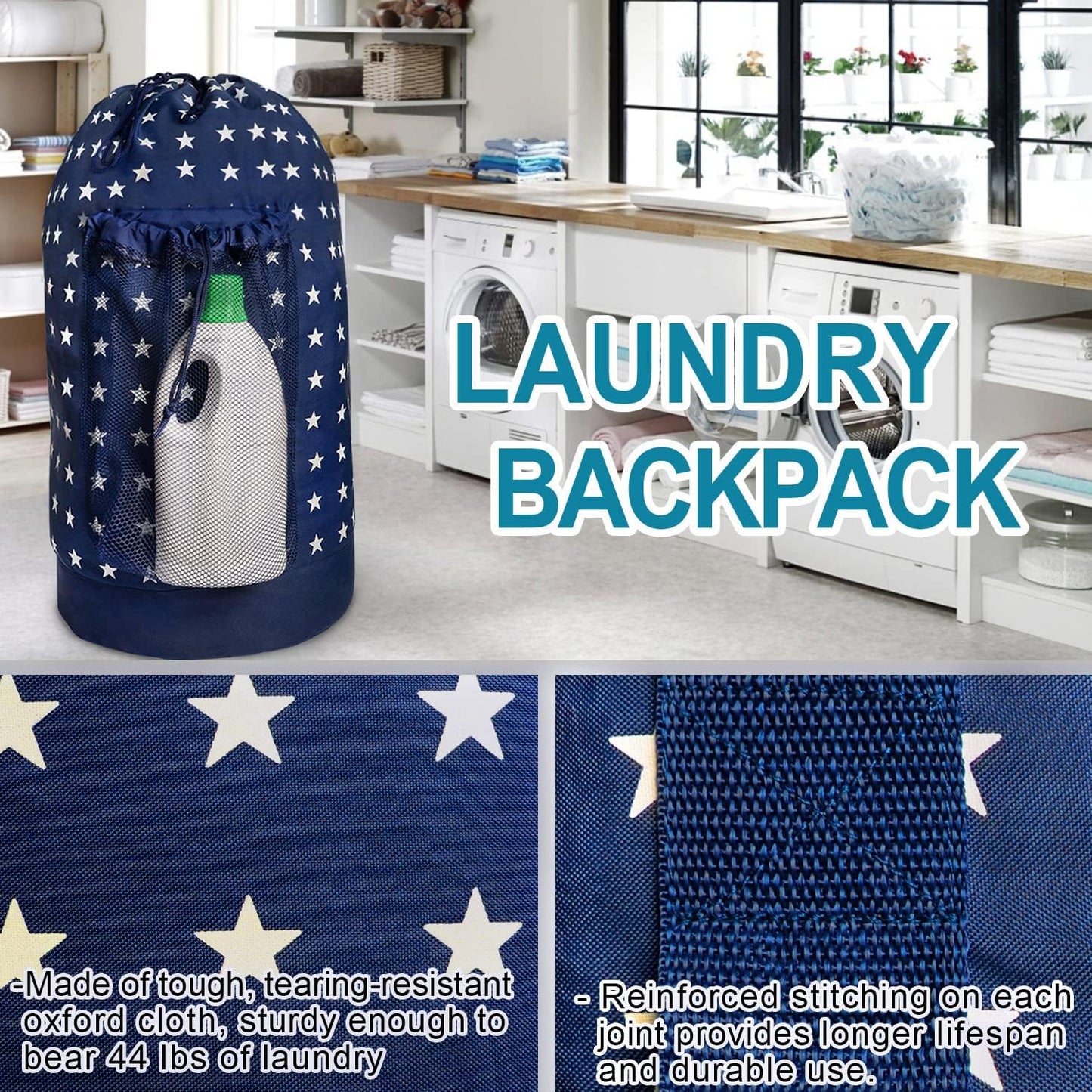 Dalykate Backpack Laundry Bag, Laundry Backpack with Shoulder Straps and Mesh Pocket Durable Nylon Clothes Hamper Bag with Drawstring Closure for College, Travel, Laundromat, Apartment