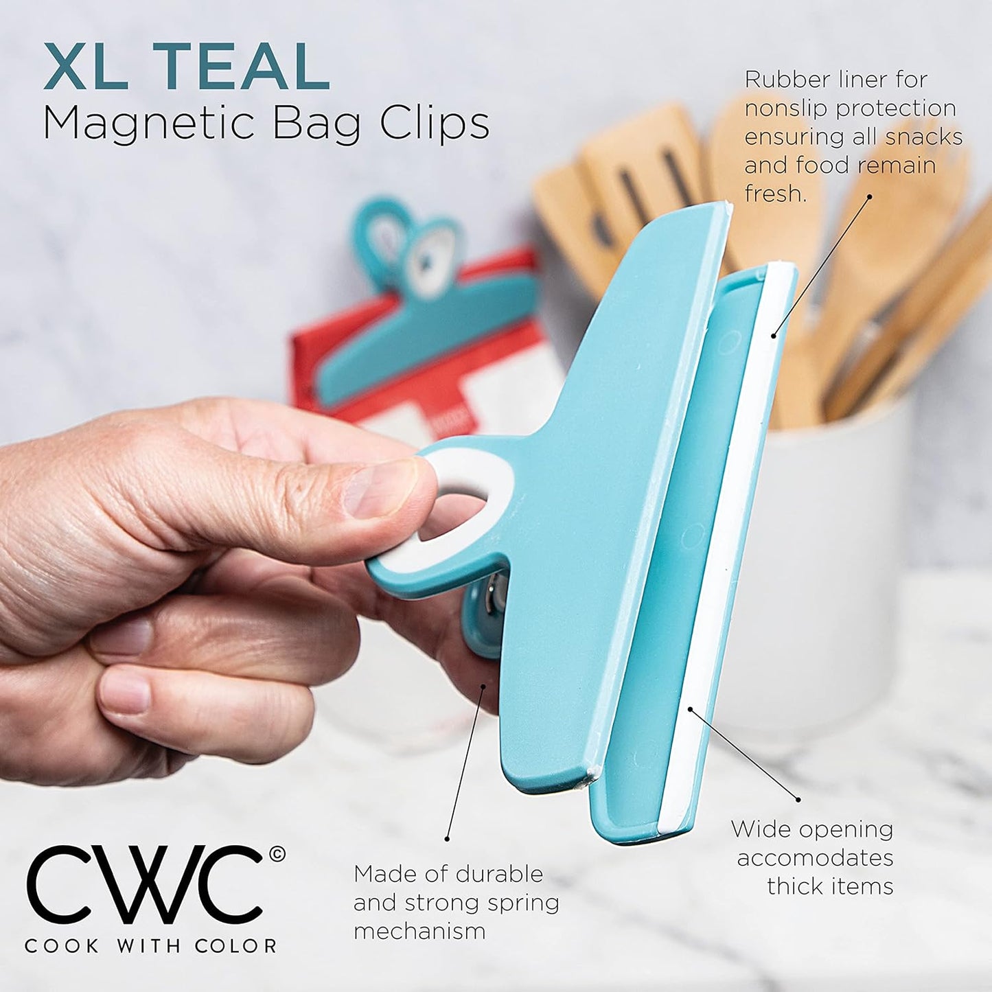 COOK WITH COLOR Bag Clips - Heavy Duty Chip Clip and Refrigerator Magnet Clips for Food Storage with Air Tight Seal Grip, Light Blue Ombre, Pack of 4 Large Clips