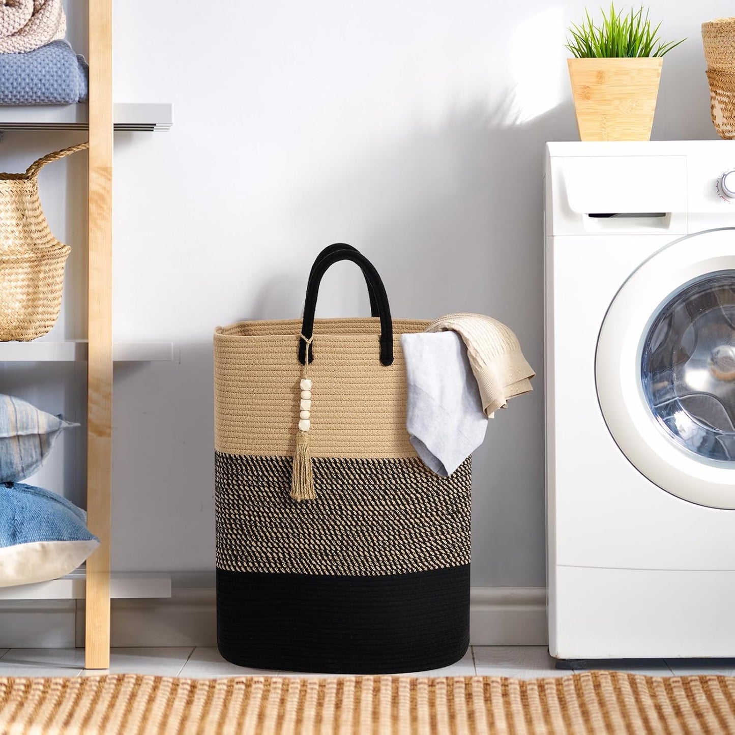 Woven Laundry Basket for Clothes, 65L Large Rectangle Laundry Hampers with Beads Tassel, Nursery Storage Basket for Toys, Tall Dirty Clothes Hamper for Bedroom Aesthetic, Laundry Room Organization