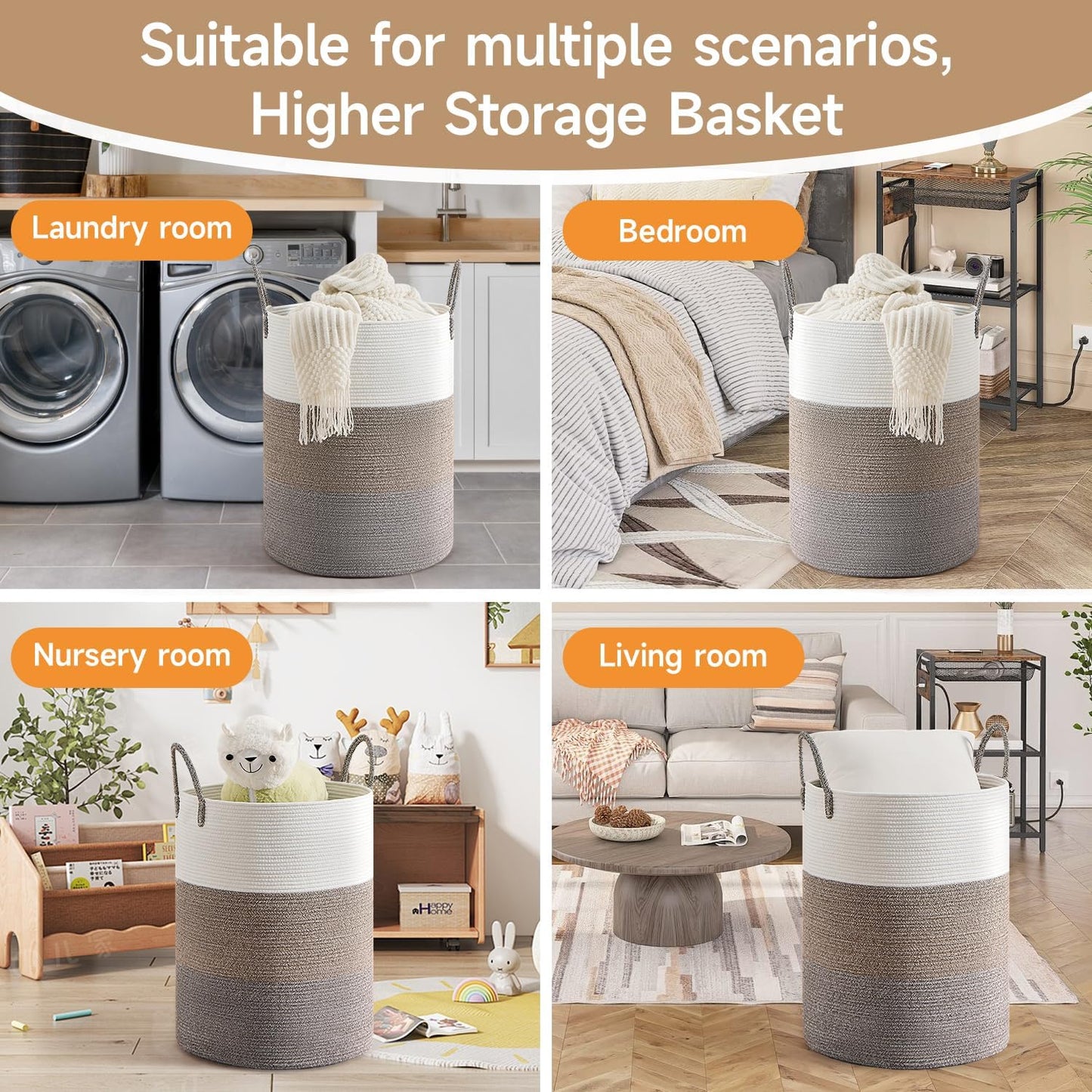 CLHMILY&Z 100L Laundry Basket Round Storage Rope Basket - 18.1x24 Inches - Laundry Hamper in Bedreoom and Mutil Storage Bin for Blankets, Toys, and Nursery Essentials