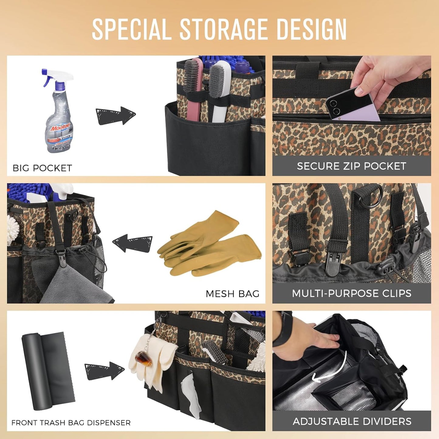 Wearable Cleaning Caddy, Cleaning Caddy Supplies Organizer with Handle & Shoulder Straps for Housekeepers, Under Sink & Car Cleaning Tool Organizers Bag with 4 Foldable Divider (Leopard)