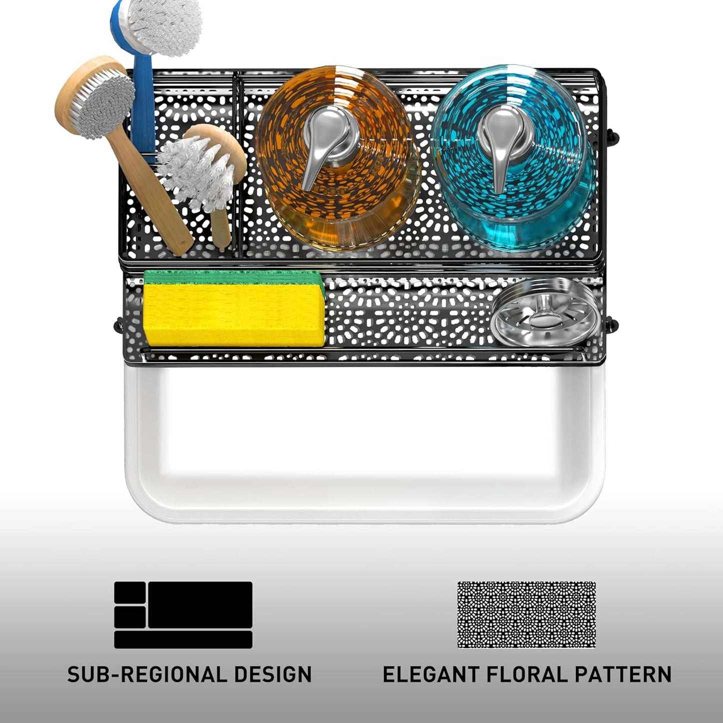 Cisily Large Black Sponge Holder for Kitchen, Sink Caddy Sink Organizer Rack for Kitchen Accessories with Drip Tray, Rustproof and Non-slip, Soap Dispenser Countertop Organizer Essentials for New Home