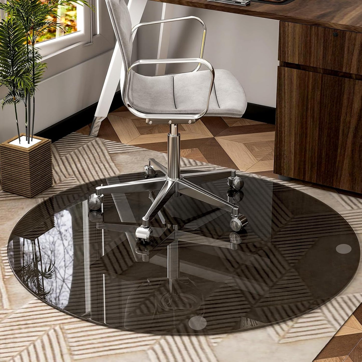 46" x 46" Round Tempered Glass Chair Mat for Carpet & Hardwood, Heavy-Duty Glass Floor Mat for Office Chair, Durable Glass Desk Mat for Home and Office, Gray