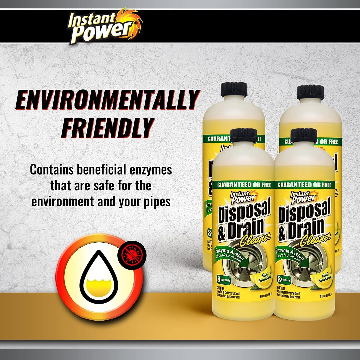 Instant Power Disposal and Drain Cleaner – Liquid Enzyme Clog Remover, Cleans and Deodorizes, Removes Drain Blockages, Fresh Lemon Scent 33.8 Fl oz, 1 Liter 4 Pack