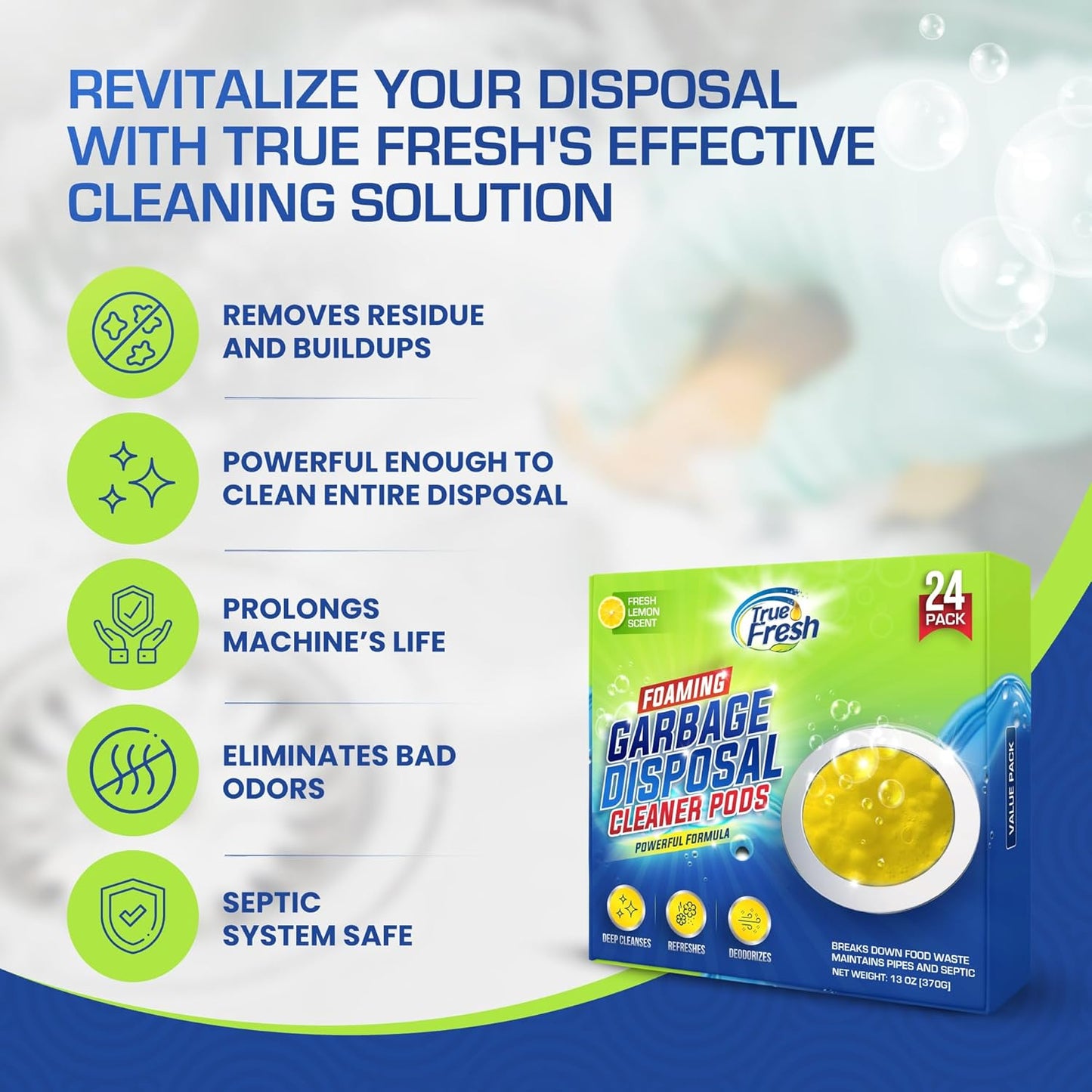 True Fresh Garbage Disposal Cleaner – 24-Pack Foaming Sink and Drain Deodorizer Tablets, Powerful Cleaning Solution for Odor Removal and Maintenance – Works with All Disposals