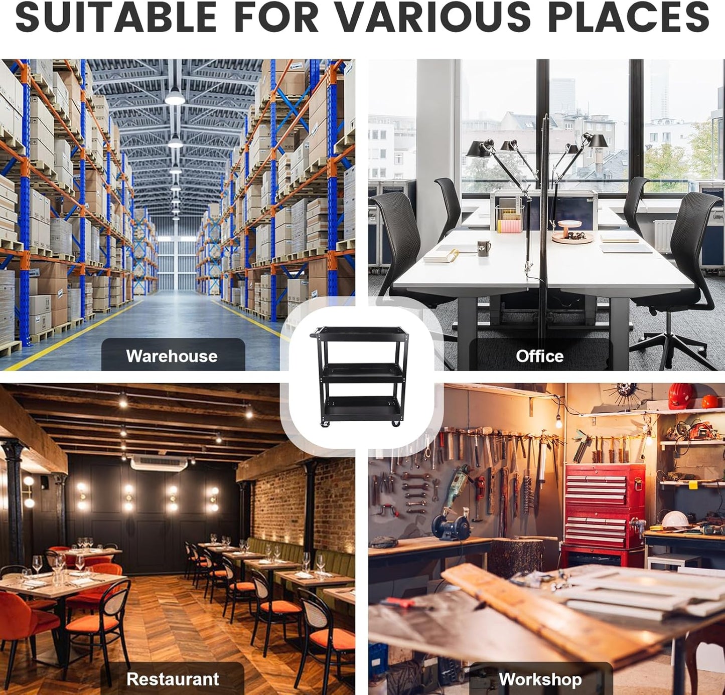 3-Tier Commercial Utility Cart, 3 Shelves Steel Service Tool Cart with Brake Wheels for Mechanics, 330lbs Heavy Duty Rolling Utility Carts Tub Storage Cart for Warehouse Office Garage, Black