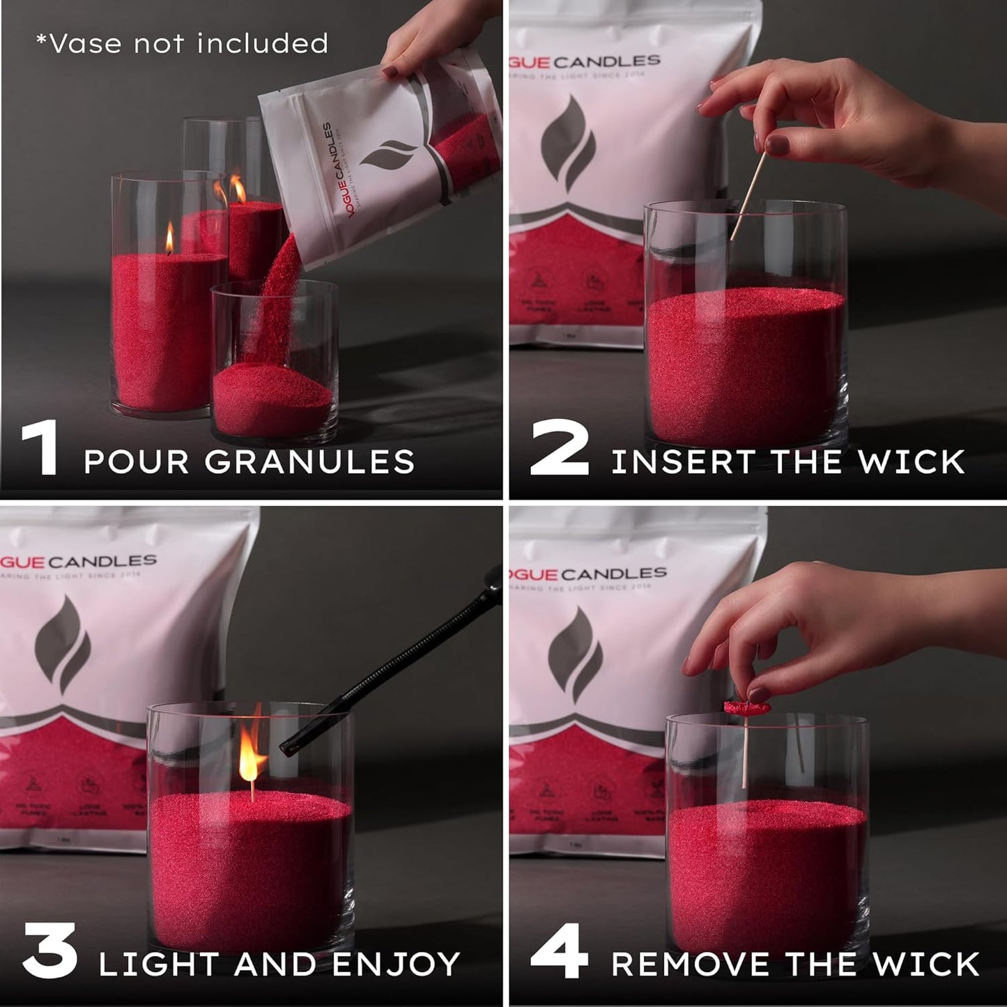 Vogue Candles 1LB Candle Sand with 15 Wicks | Plant-Based Refillable Wax Granules for DIY Candle Making | Clean Burning, Unscented, Smoke-Free, Vegan Candle Refill Kit- Red